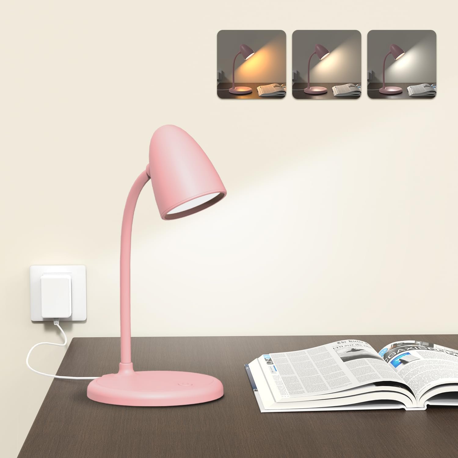 LED Desk Lamp for Home Office,3 Light Colors, Table Lamp,Dimmable Reading Light for Bedside Small Desk Lamp for College Dorm Room,Bedroom Desk Light Pink
