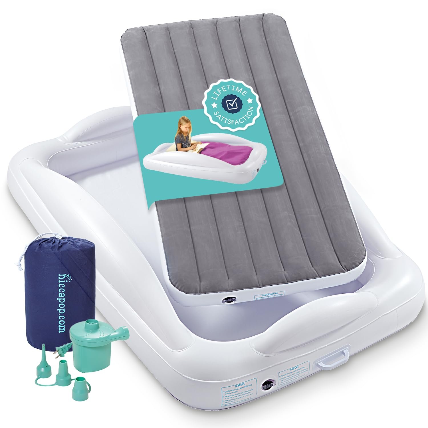 Hiccapop Inflatable Toddler Travel Bed with Safety Bumpers 4-Sided, Grey