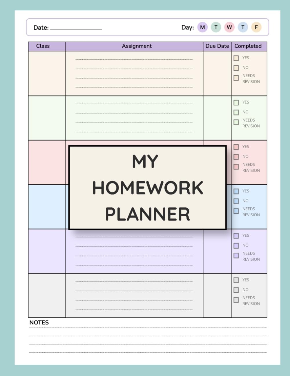 Homework Planner for ADHD Students: Colorful Undated Assignment Tracker Journal Notebook for Elementary, Middle, High School & College Students
