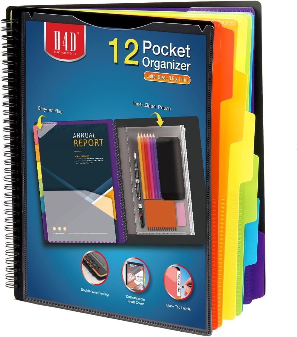 H4D 12 Pocket Poly Project Organizer, Multi Pocket Folder, Primary Colors | Spiral, Multi-Subject, Folder Notebook, Letter Size
