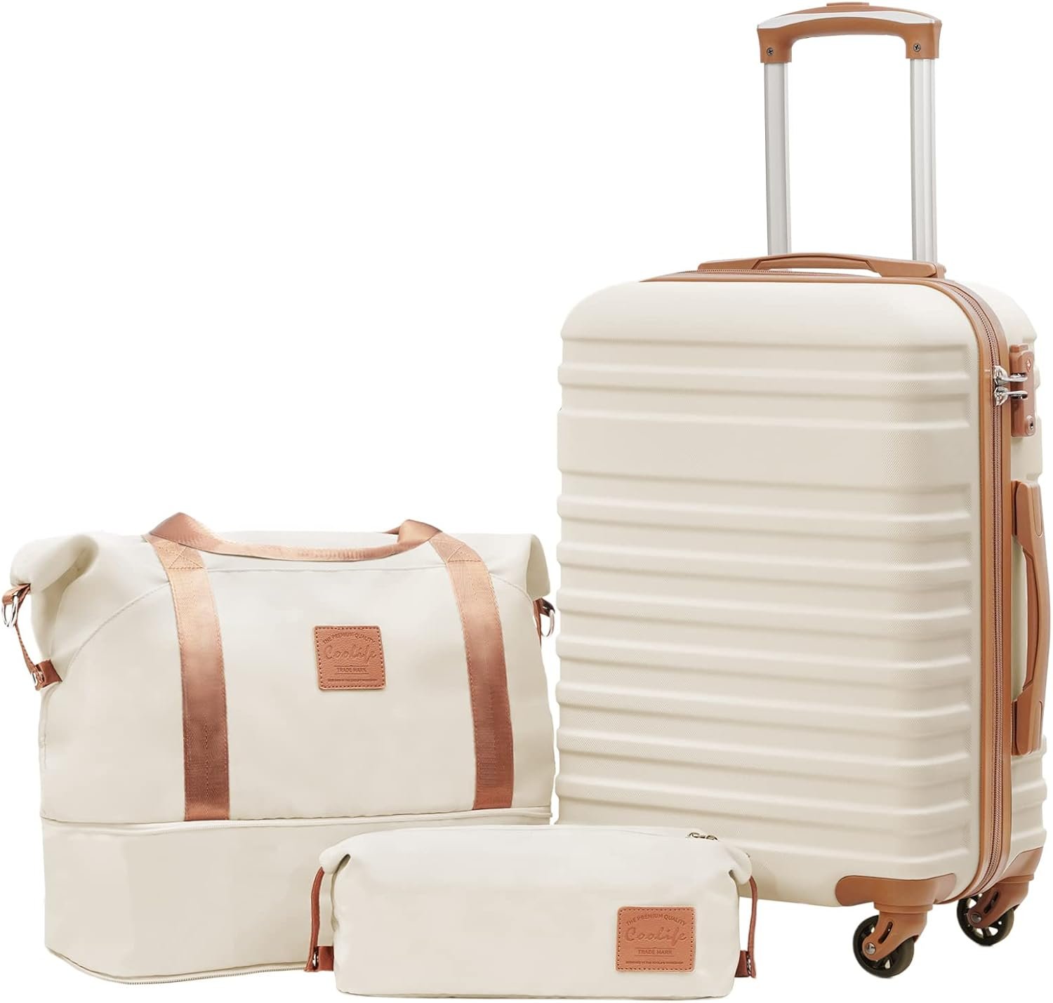 Coolife Luggage Set Hardside Suitcase,3 piece,White(DB/TB/20) | Suitcase Set,3 Piece Carry on,TSA LOCK,360° Smooth Spinner Wheels,YKK Zippers,Smart Trolley Sleeve