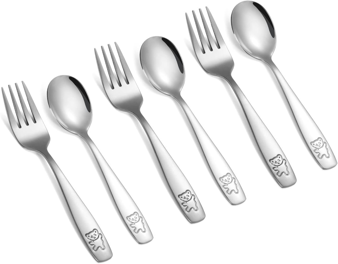 Pimoys Toddler Fork and Spoon Set, 6-Piece Stainless Steel Kids Flatware | 3 forks and 3 spoons, rounded tines, ergonomic size for small hands, dishwasher safe, for ages 24 months+