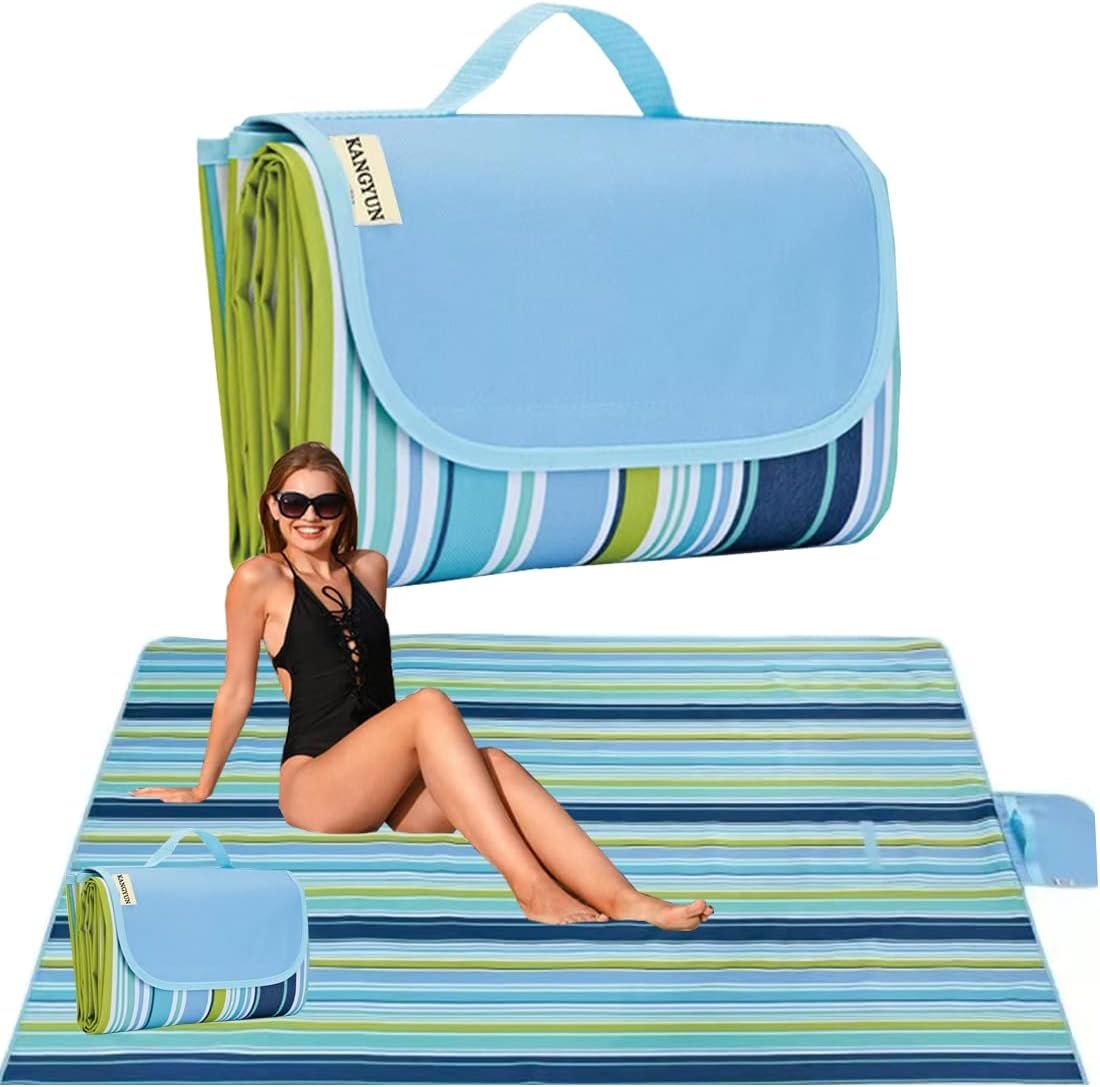 K Y KANGYUN Beach Blanket Outdoor Picnic Blankets Mat 80″x60″ Extra Large Waterproof Sand Proof Camping Blanket Lightweight Folding Portable Travel Blanket for Family Park Beach Grass (Blue Line)