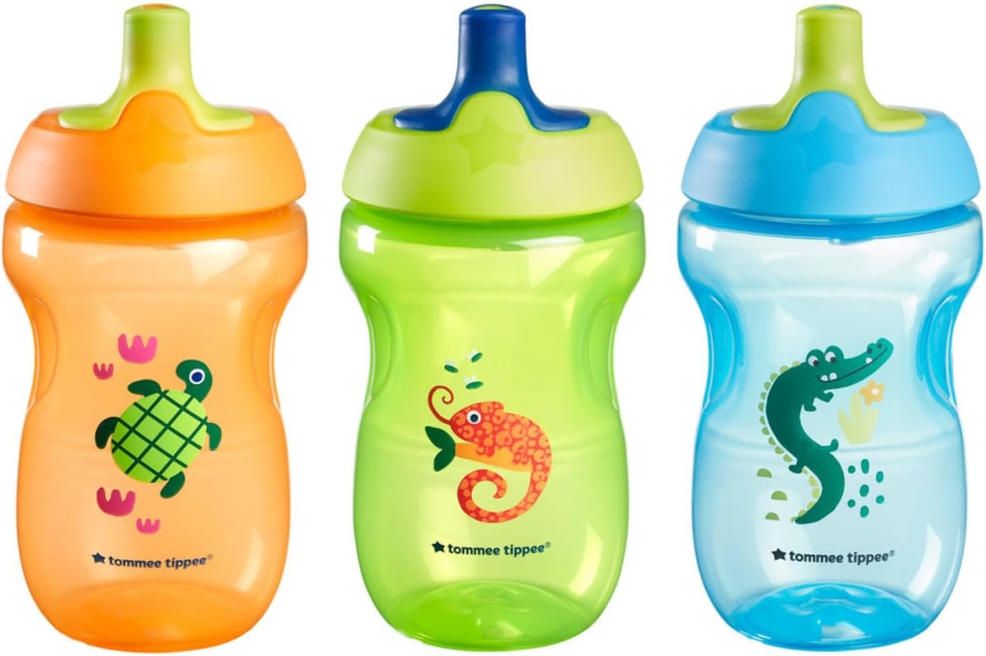 Tommee Tippee Sporty Bottle, 10oz Sippy Cups for Toddlers 1-3, Spill-Proof, Bite Resistant Spout, Easy to Hold Design, BPA Free, Pack of 3, Orange, Green and Blue