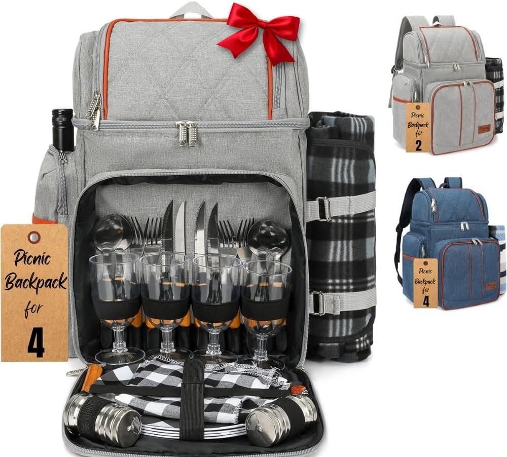 Rnoony Picnic Backpack, Insulated Picnic Basket Set with Blanket | Insulated Picnic Basket Set with Blanket for Couples – Newlywed & Wedding Gifts Blanket and Cutlery Set for Family, Hiking