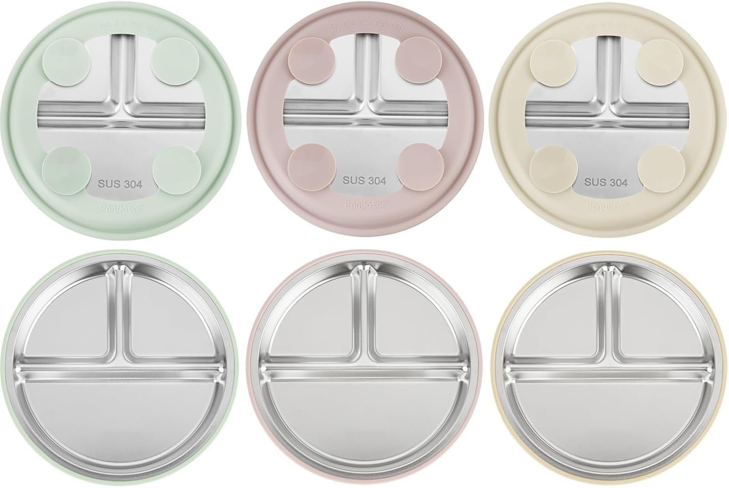 PandaEar 3 Pack Stainless Steel Toddler Plates with Suction, Divided Plates with Removable Silicone Sleeve for Babies & Toddlers（Pink/Green/Linen）
