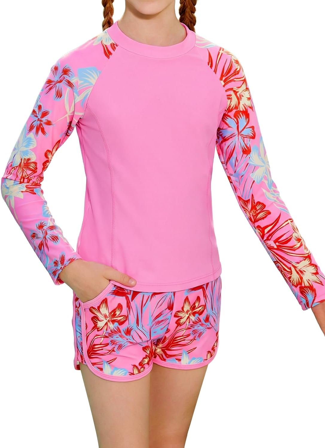 Alakuoti Girls Rash Guard Swimsuit Two Piece Bathing Suit UPF 50+ Sun Protection Long Sleeve Swimwear 6-14 Years
