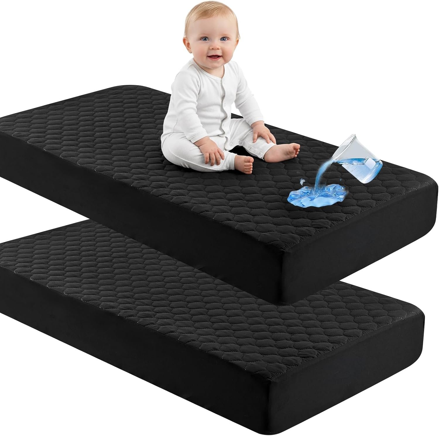 david’s kids 2 Pack 52”x28” Waterproof Crib Mattress Protector Pad Cover Stretch up to 8″, Fitted Standard Crib and Toddler Mattresses, Soft and Breathable for Boys Girls, Machine Washable, Black