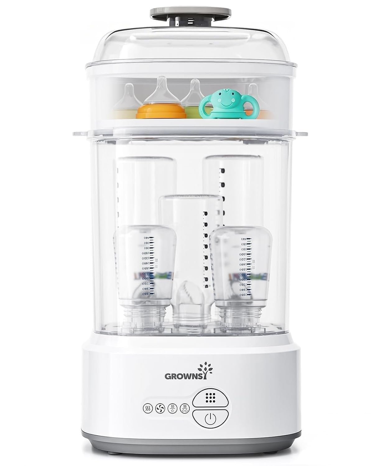 Grownsy Compact Baby Bottle Sterilizer and Dryer with Fast Sanitization | Time Saving, Holds 5 Bottles & Pump Parts, 3 Modular Modes, Easy Operation, Sterile Storage for Home & Travel Use, Grey