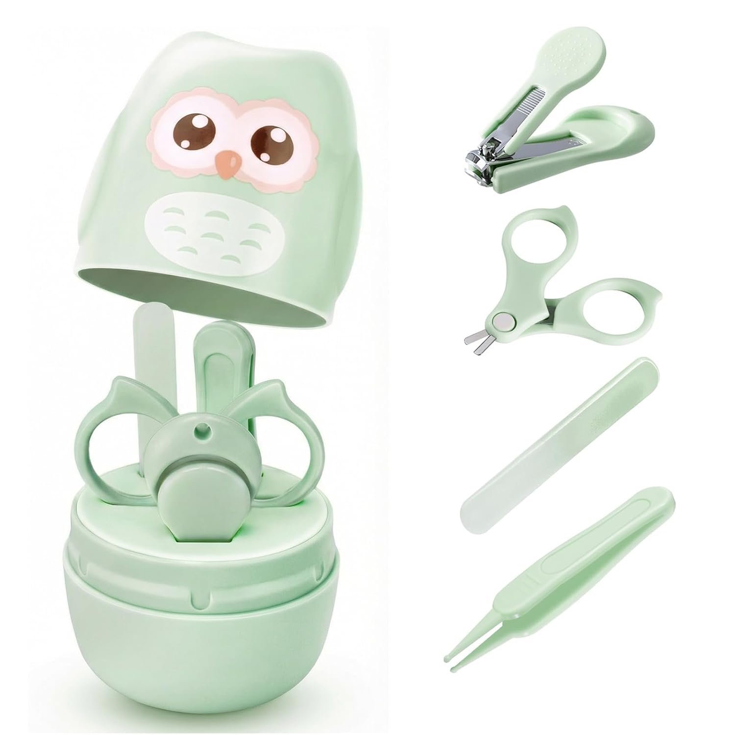 Baby Nail Kit with Owl Case, 4-Piece Infant Manicure Set, Green | Infant Nail Clippers, Rounded Safety Scissors, Gentle File, Tweezers, Newborn and Toddler Friendly