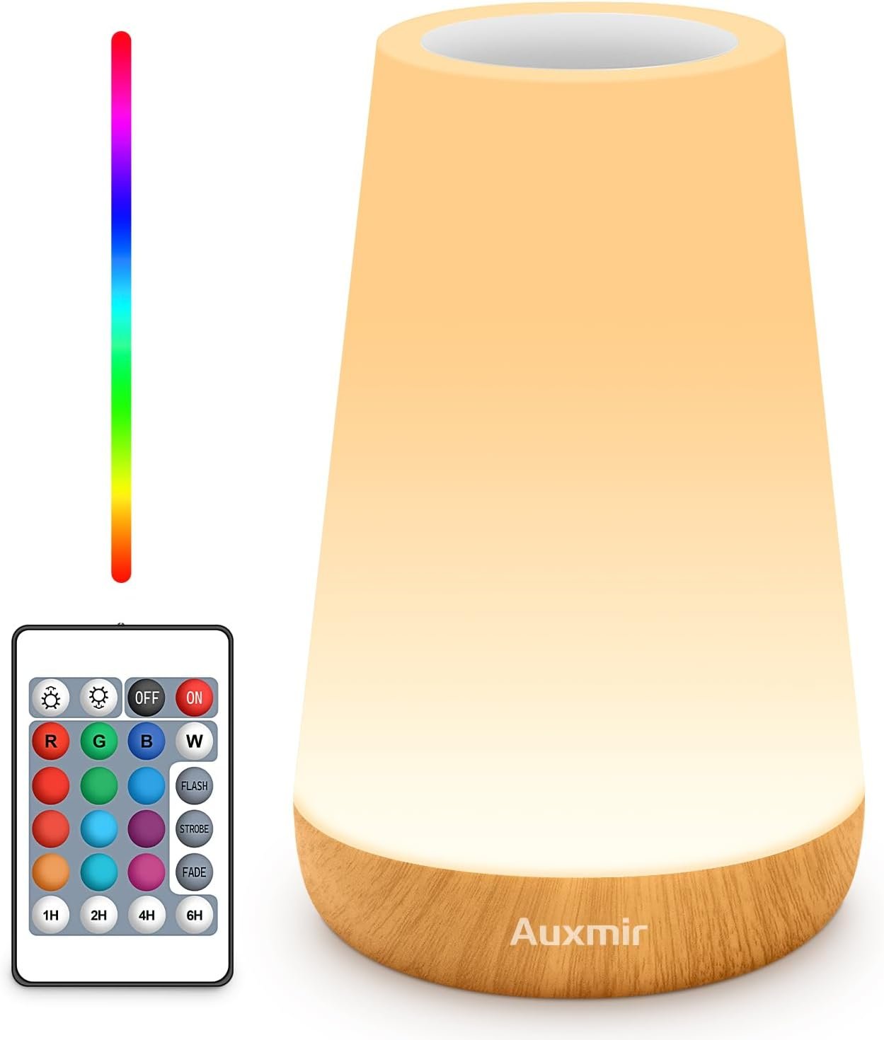 Auxmir Rechargeable Night Light, 13-Color Remote Control Lamp, Light Brown | touch control, 13 colors, 5 brightness levels, 4 lighting modes, 1/2/4/6-hour auto-off, portable for nursery and camping