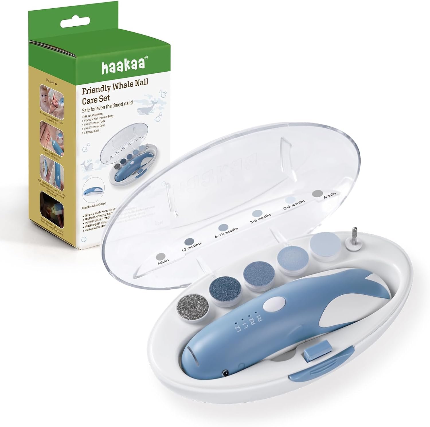 haakaa Friendly Whale Electric Baby Nail Trimmer & Care Set Quiet Safe File | Nail Trimmer for Newborns Kids safe File with LED Light Quiet 2 Speeds Directions Includes Pads for Newborn to Adult