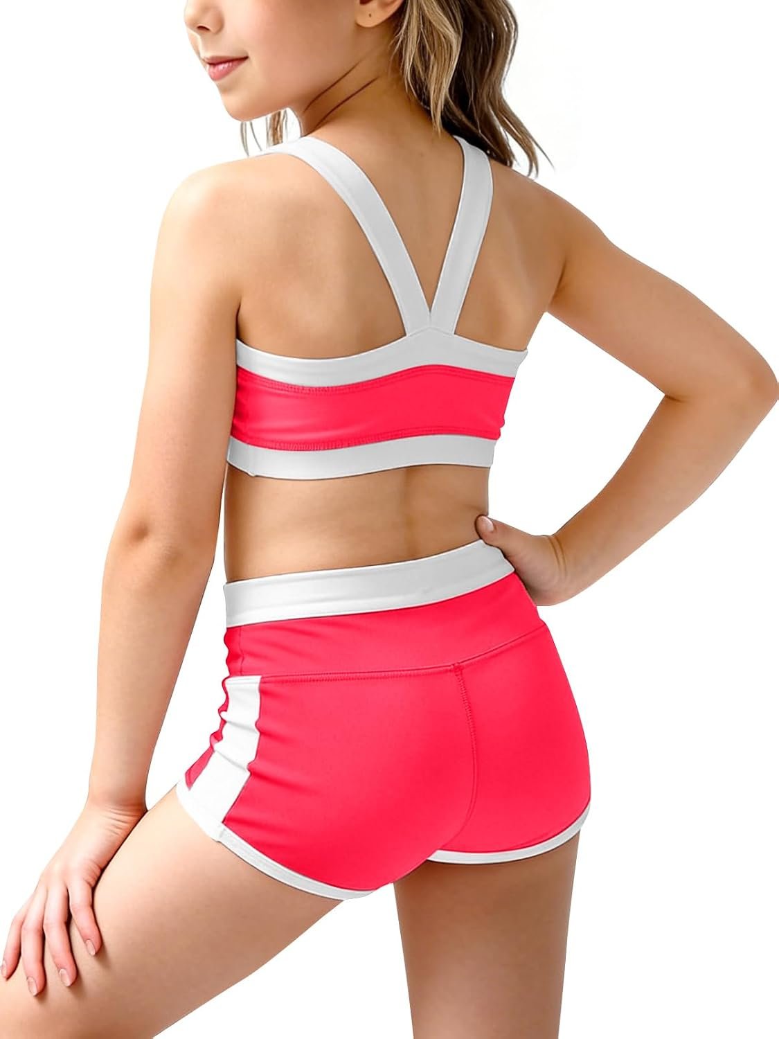 Haloumoning Girls 2 Piece Workout Outfits Athletic Dance Set 5-14Y | Color Block Bra, Elastic High Waist Shorts, Breathable Stretch Fabric, Removable Pads, Yoga, Dance, Gymnastics, Volleyball