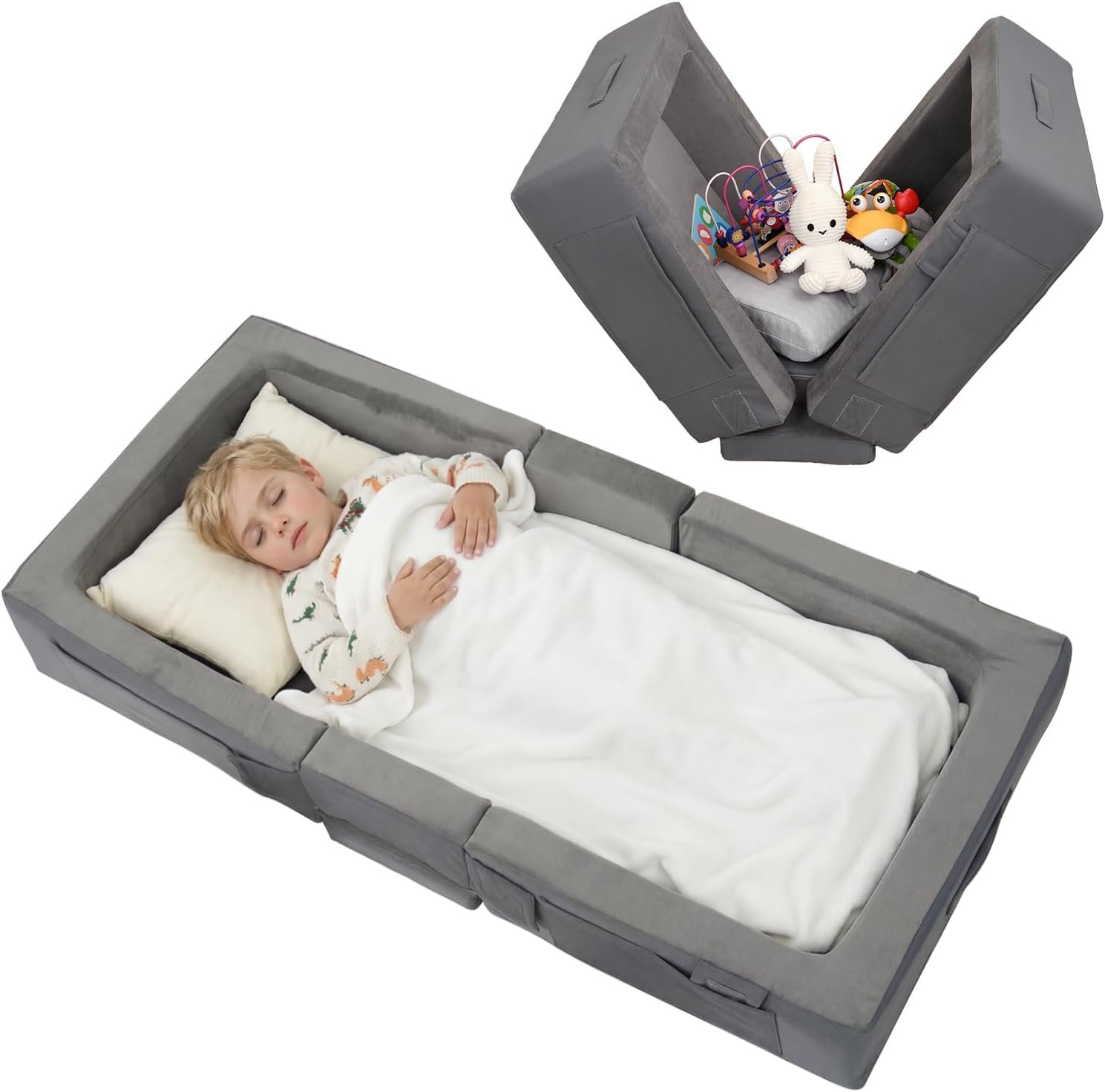 ENITYA Portable Toddler Travel Bed with Soft Foam Safety Rails | Foldable Floor Bed for Kids Ages 25 Months to 48 Months, No Assembly, Washable Cover,Compact for Travel & Home Use,Grey