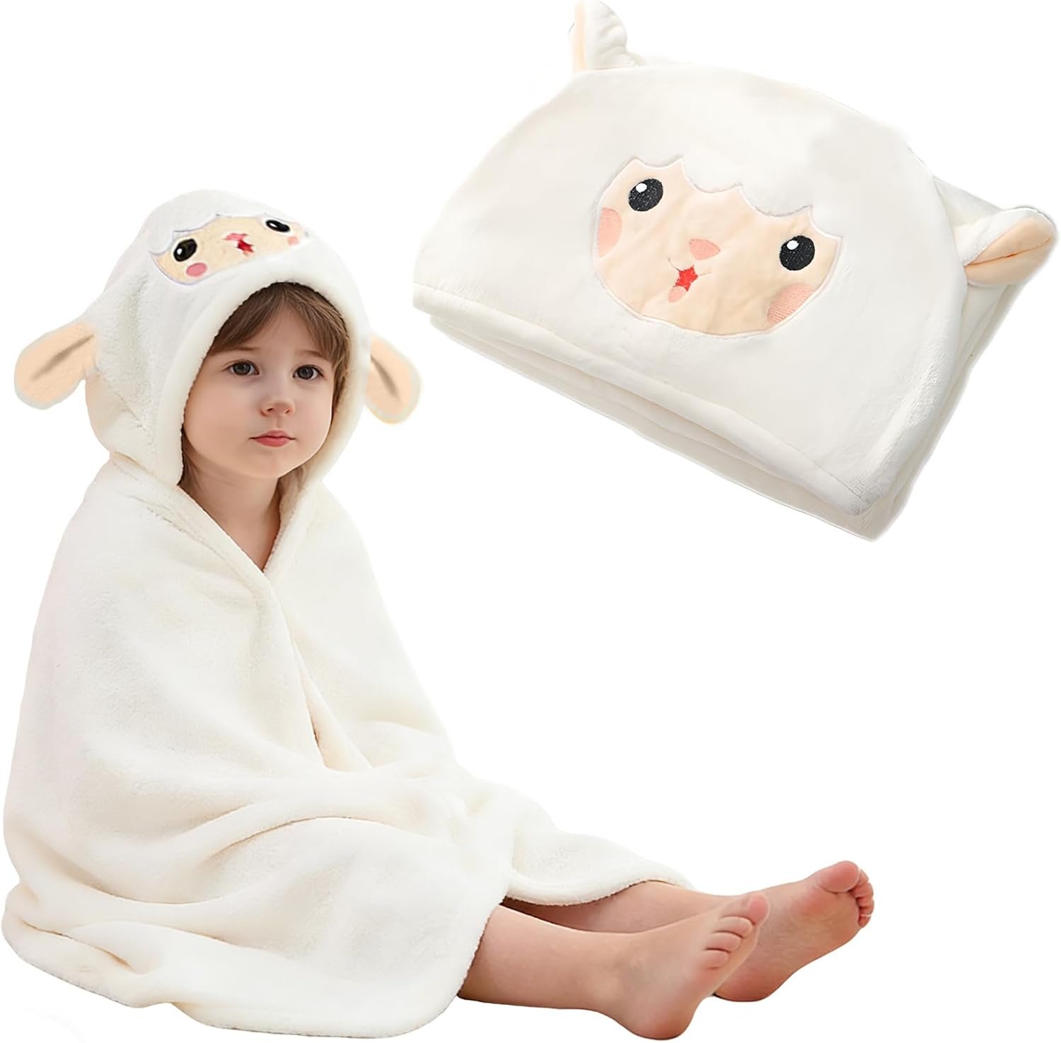 Hooded Baby Towel- Large Baby Towel with Hood（31.5 x 31.5 Inch）, Natural toddler towels,Ultra Soft and Absorbent Coral Velvet Coral Fleece Bath Towel for Infants, Newborns, Toddlers, Unisex (white)