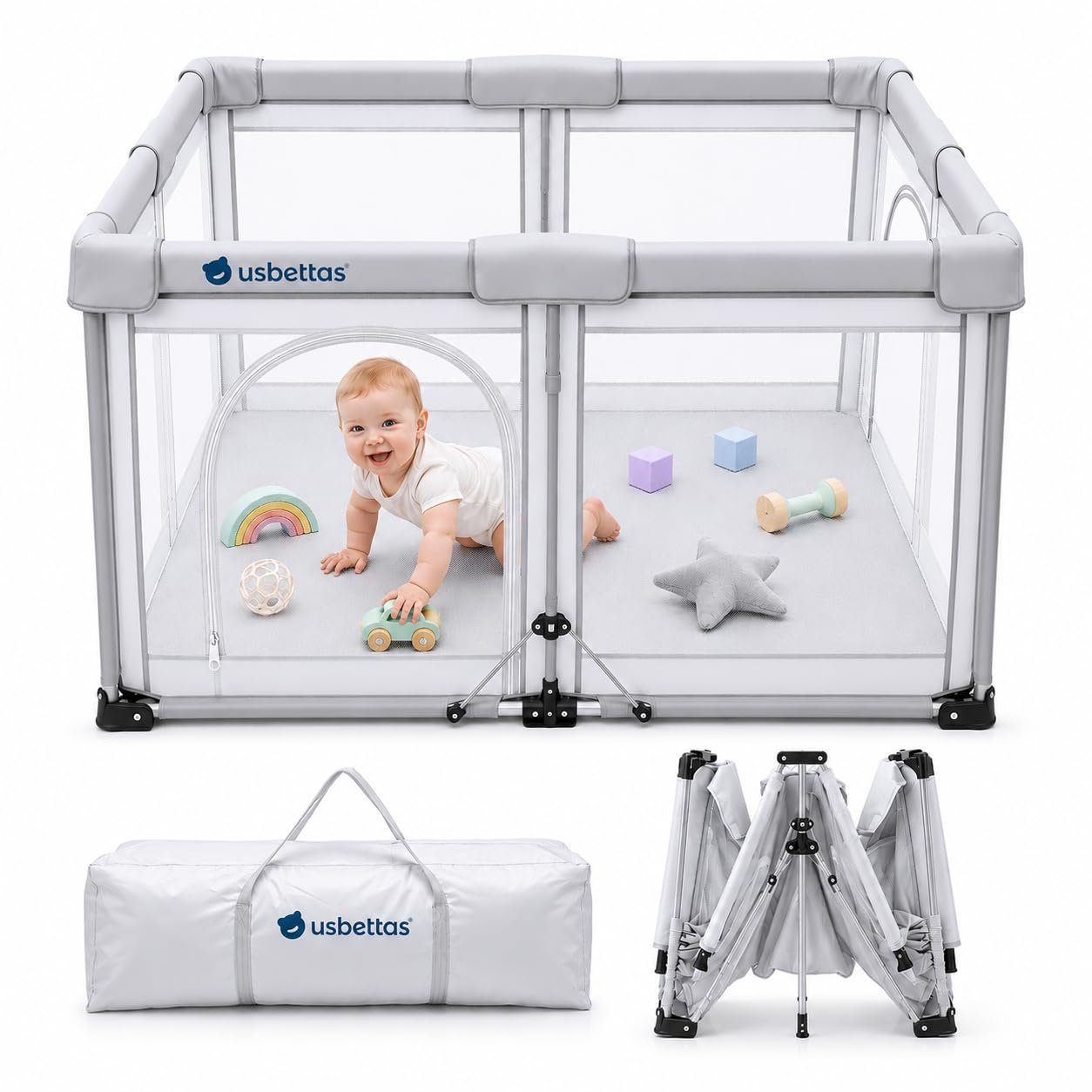 Foldable Baby Playpen, 1-Minute Setup, Lightweight Portable Playpen with Carry Bag, 50″x50″ Indoor Outdoor Safty Play Yard for Babies & Toddlers, Light Gray