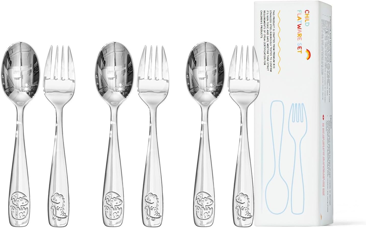 KINGSTONE 6 Pieces Toddler Utensils Set, 18/10 Stainless Steel Kids Silverware, 3 Forks & 3 Spoons, Food-Grade, Cute Dinosaur Design, Dishwasher Safe for Children Self-Feeding