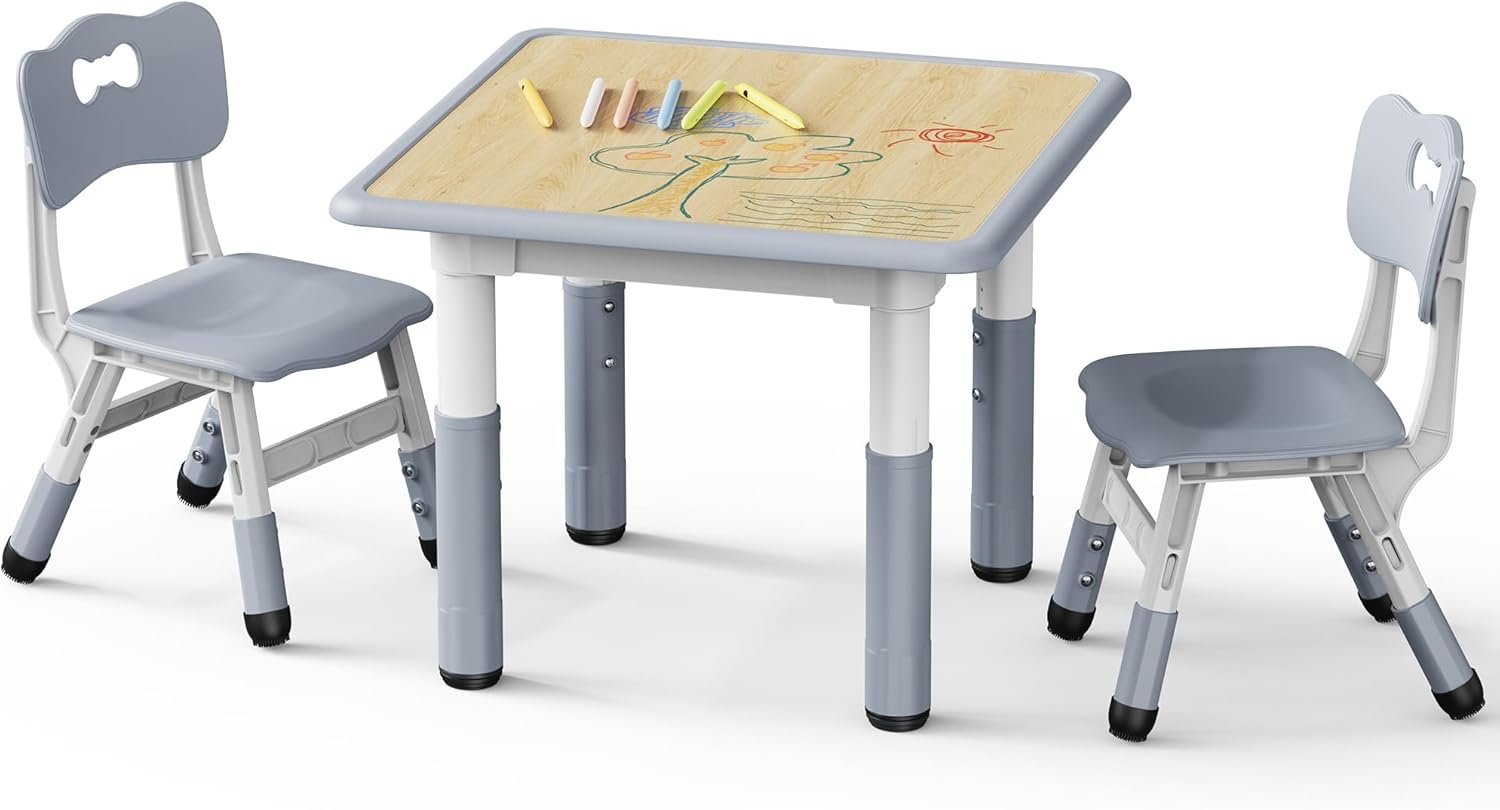 Brelley Height Adjustable Toddler Table and 2 Chairs Set, Grey | Table Supports 280 lbs, Drawing Activity Desk, Classroom/Daycare/Home, Children Multi-Activity Table for Ages 3-8