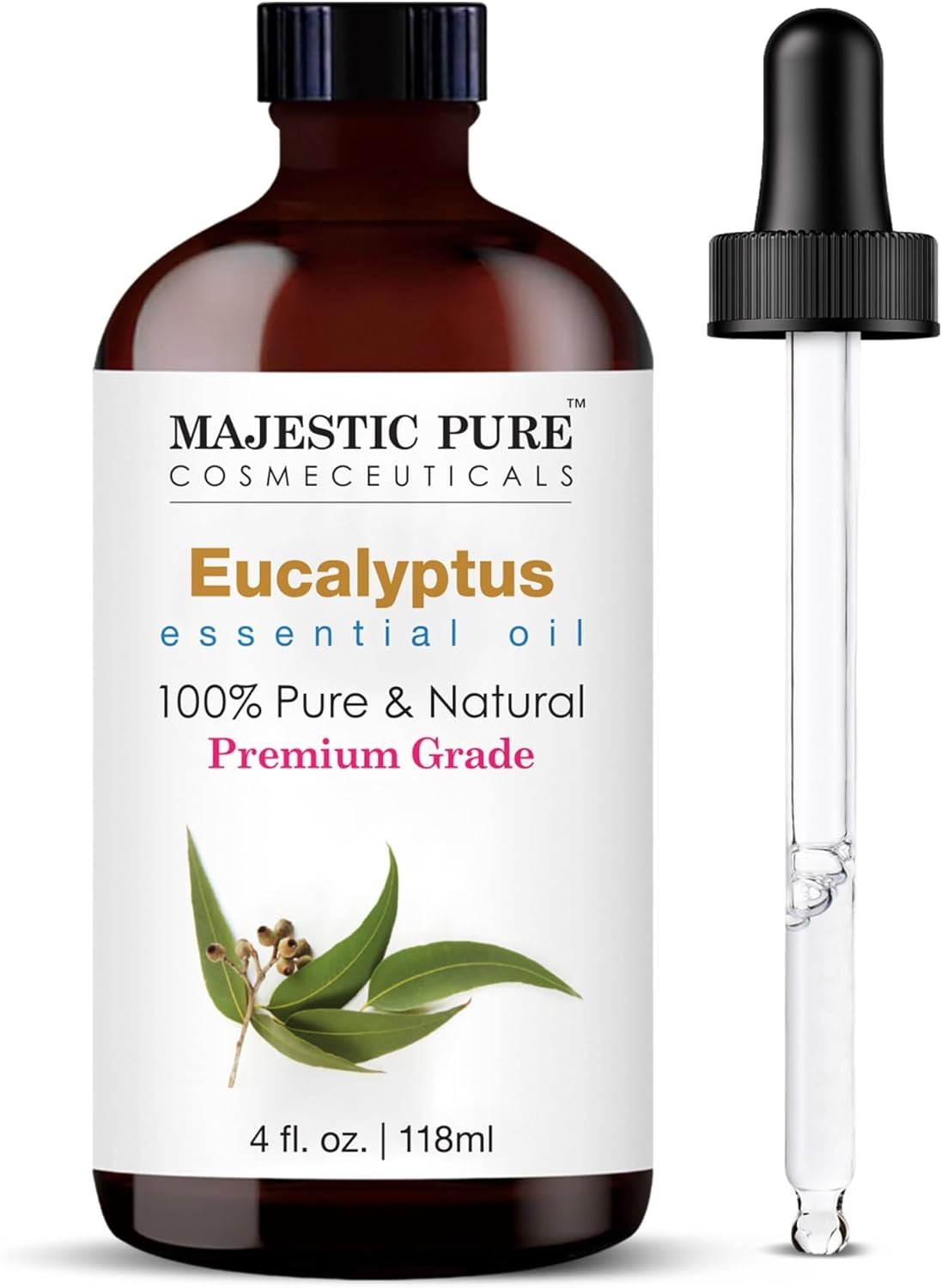 Majestic Pure Essential Oil with Glass Dropper – 100% Pure and Natural – Essential Oils for Diffuser, Aromatherapy, Soap and Candle Making, Eucalyptus Essential Oil, Eucalyptus Oil, 4 Fl Oz | 100% Natural Essentials Oils Ideal for Humidifier, Air Freshening, Cleaning Home, Bath, Steam Inhalation and Massage