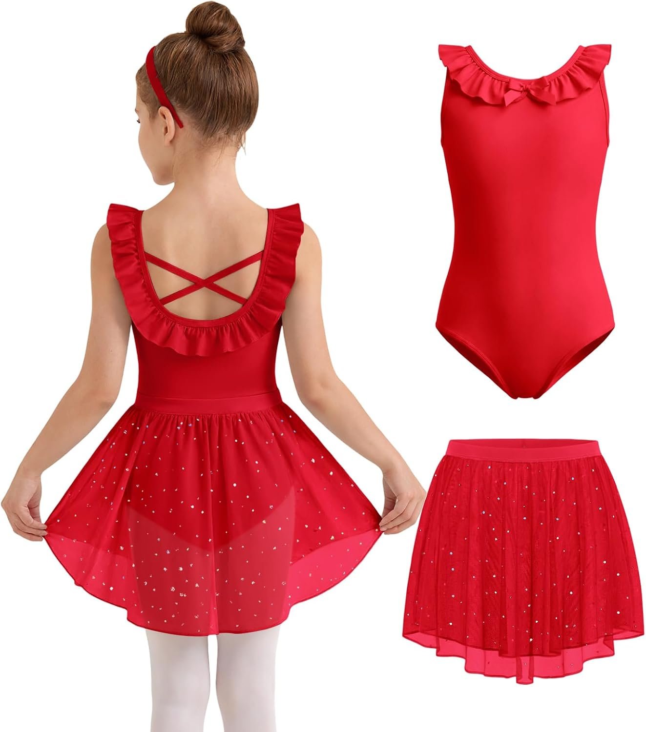 Haloumoning Girls Ballet Leotards Kids Ruffle Trim Crisscross Back Leotard Removable Skirt Dance Dress Outfit 3T-12Y