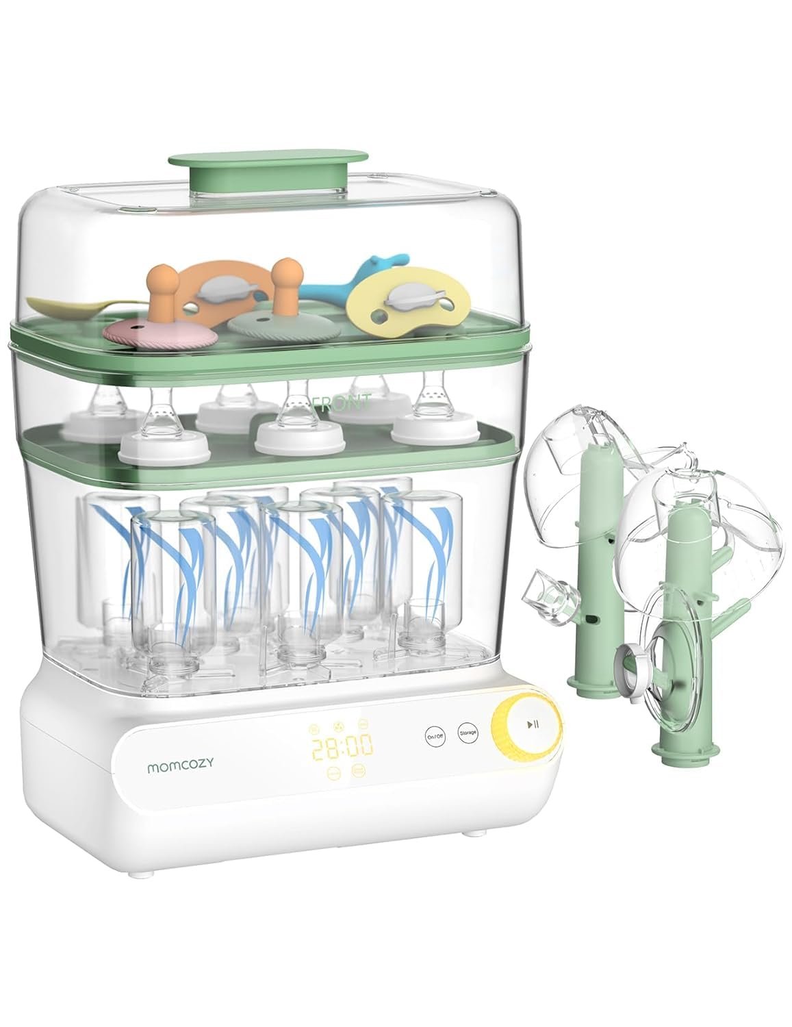 Momcozy 3-Layers Large Capacity Bottle Sterilizer and Dryer, Pump Part Mode | 11-Bottles Capacity, Fast Sterilize and Dry, Breast Pump Parts Rack Included, for Busy Parents