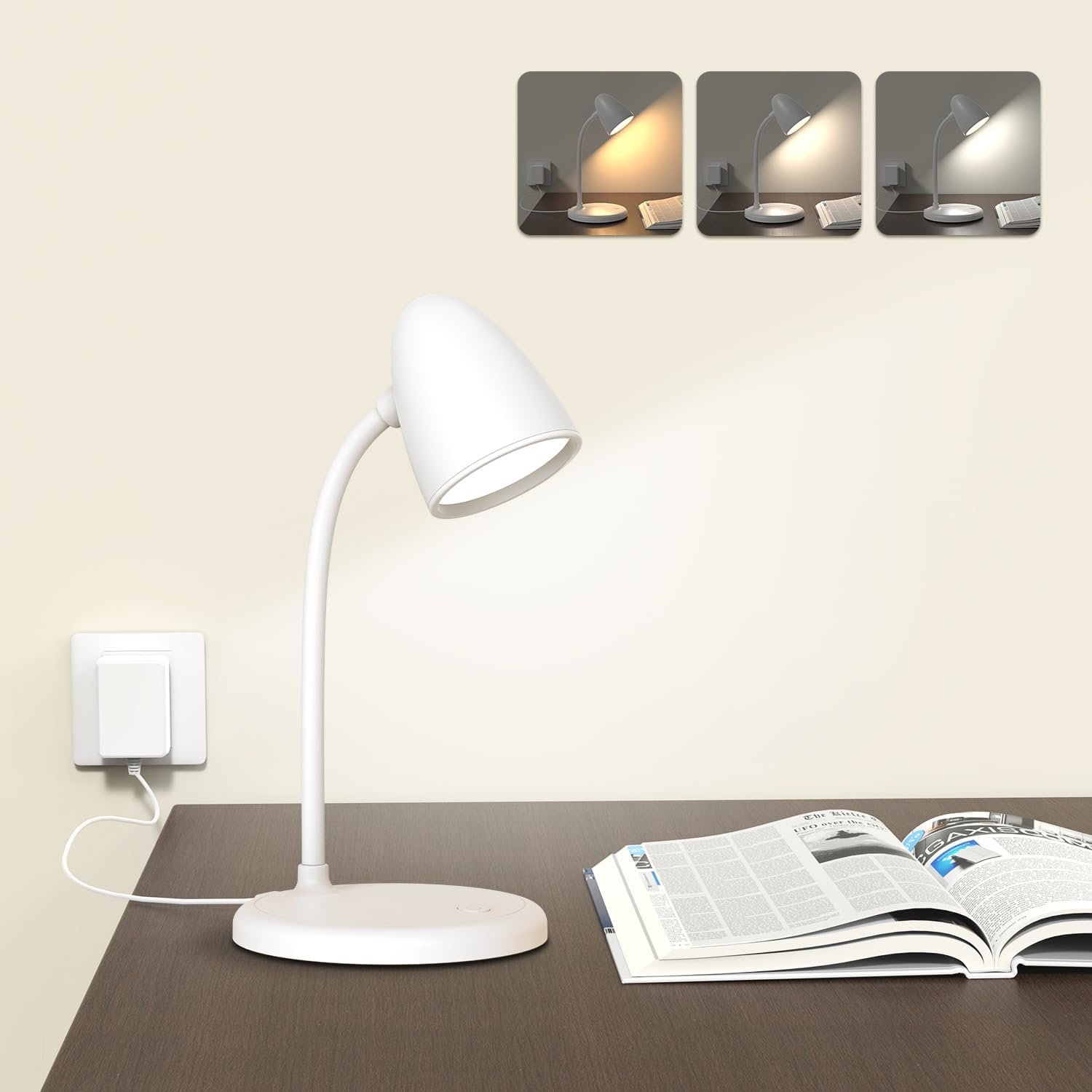 LED Desk Lamp for Home Office,3 Light Colors,Table Lamp,Dimmable Reading Light for Bedside Small Desk Lamp for College Dorm Room,Bedroom Desk Light,White