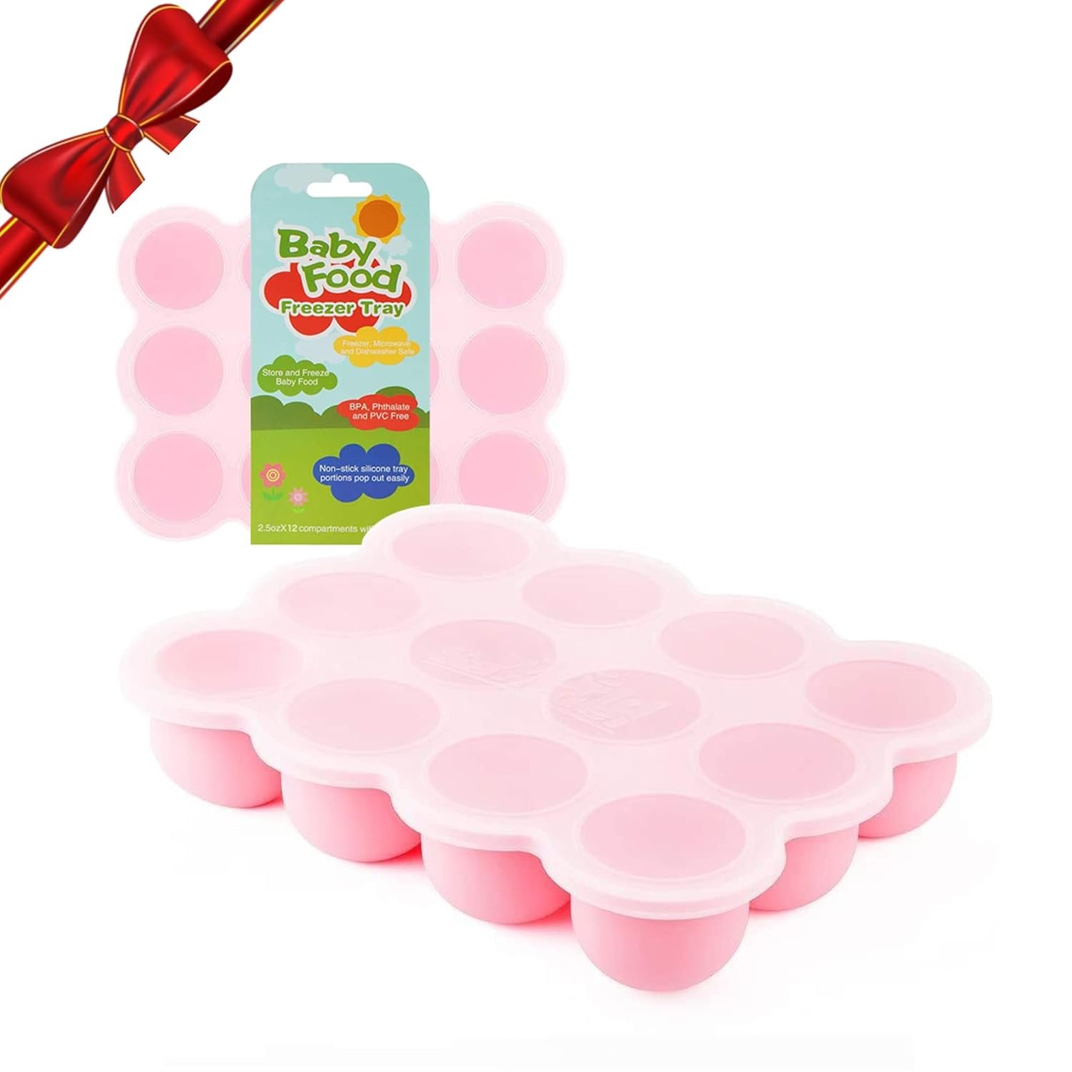 Samuelworld Baby Breast Milk and Food Storage Container, 12 Portions x 2.5oz, Stackable Food Grade Silicone Tray with Clip-On Hard Lid for Homemade Purees, Vegetables & Fruits – Pink
