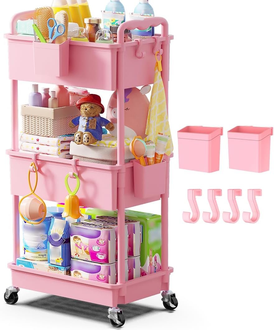 Goovilla Diaper Cart with Lockable Wheels and Easy Assembly, 3 Tier Pink Rolling Cart for Baby Nursery Storage, Sturdy Ample Diaper Caddy Organizer for Baby Girl, Boy, New Mom, Newborn Essentials