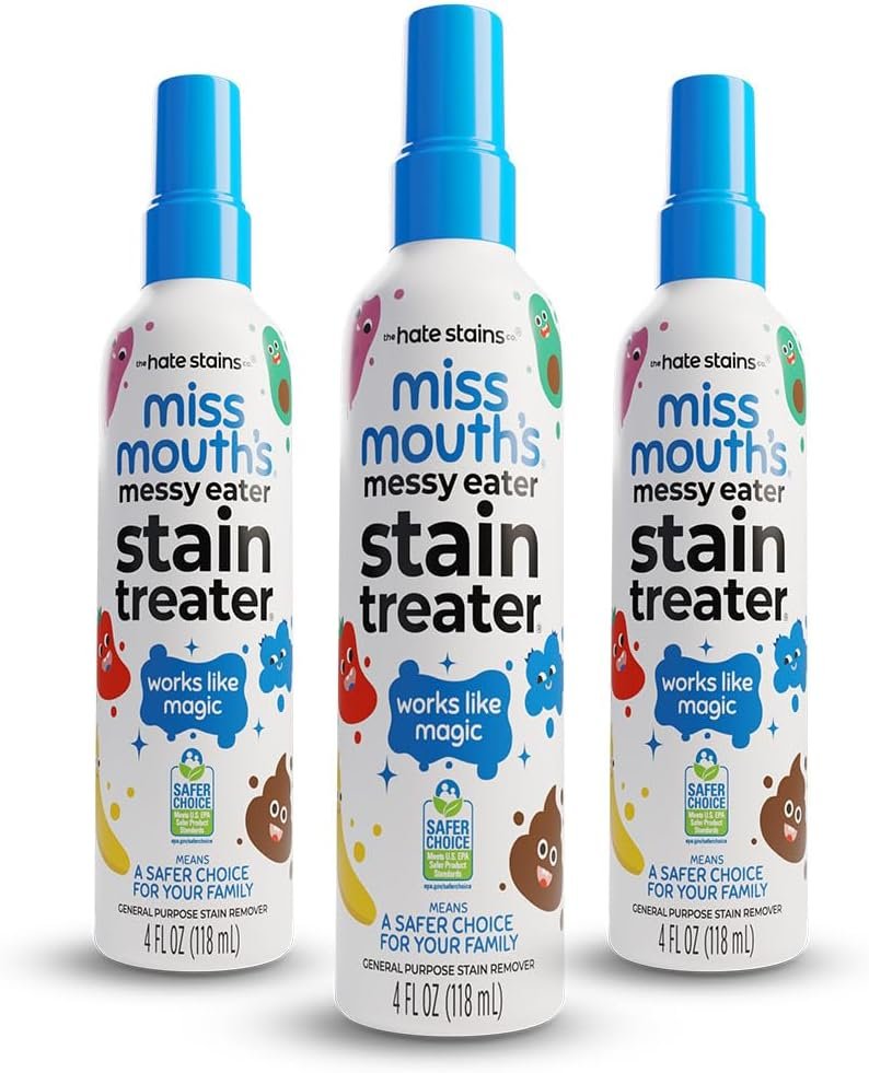 Miss Mouth’s Messy Eater Stain Treater Spray – 4oz 3 Pack Stain Remover – Newborn & Baby Essentials – No Dry Cleaning Food, Grease, Coffee Off Laundry, Underwear, Fabric | Newborn & Baby Essentials; Cleans Off Food, Grease, Coffee; Use on Laundry, Underwear, Fabric