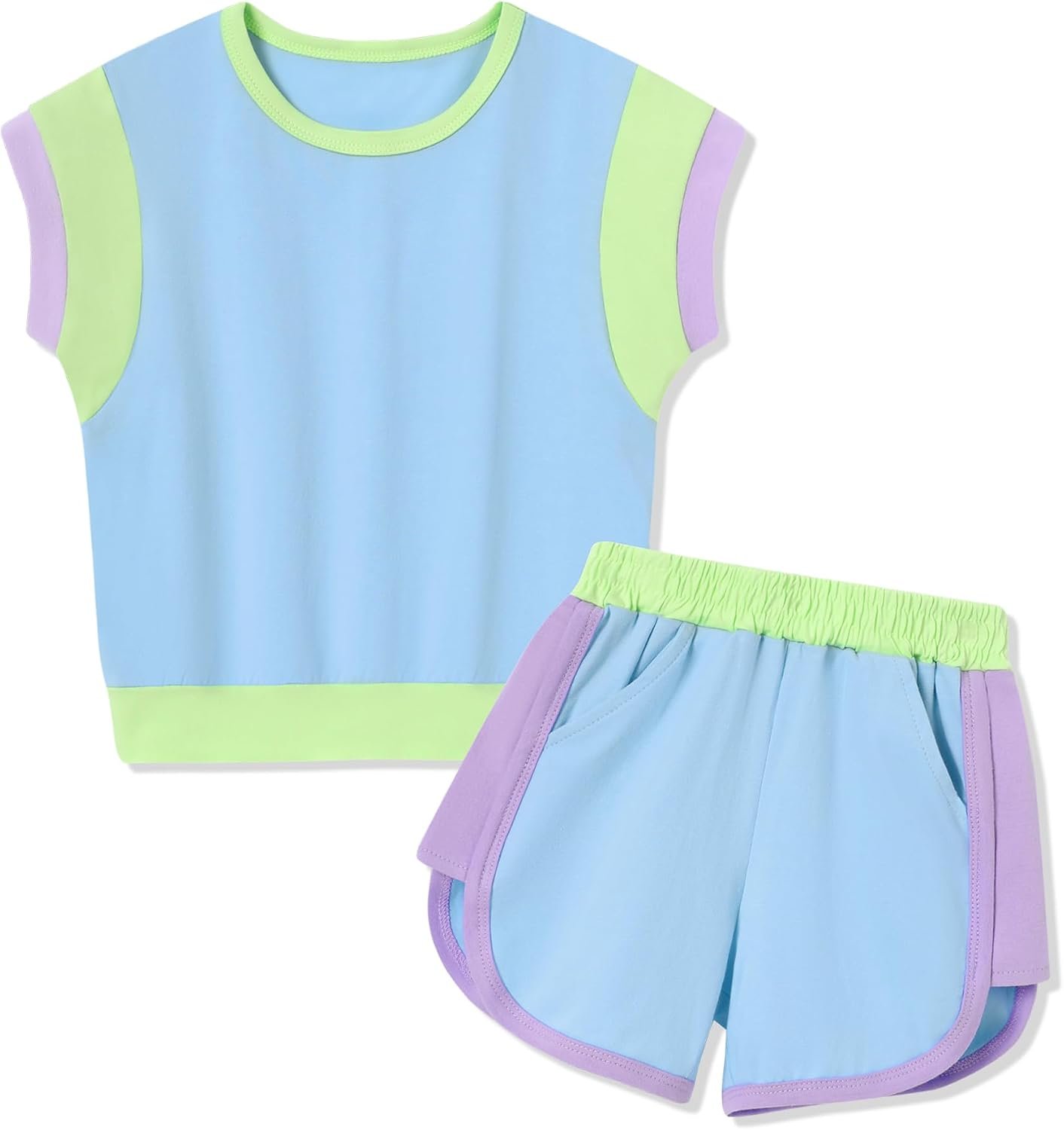 SANMIO Toddler Girl Clothes Summer Toddler Girls Color Block Short Sleeve Shorts Sweatsuit Outfits 2 Piece Clothing Set