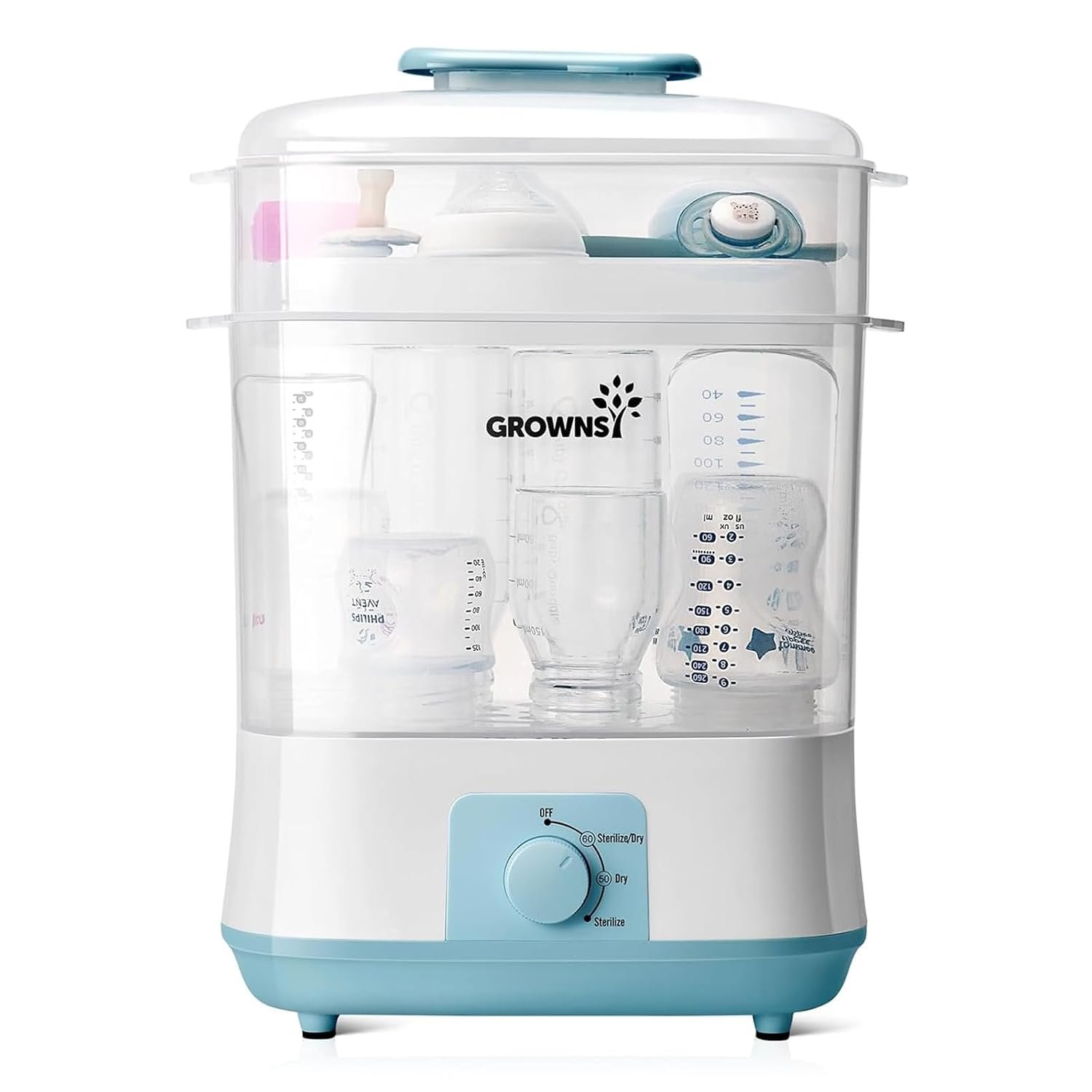 Grownsy 4-in-1 Large Capacity Baby Bottle Sterilizer and Dryer, Blue | All-In-One, 360 Steam Sterilization, Fast Drying, 72H Storage, Fits All Bottles, Breast Pump Parts & Baby Accessories