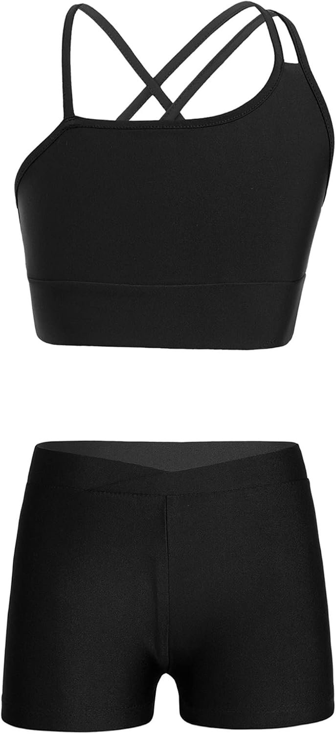 Hansber Kids Girls 2 Piece Dance Outfits Crop Top with Booty Shorts Active Set Gymnastics Leotard Dancewear Swimwear