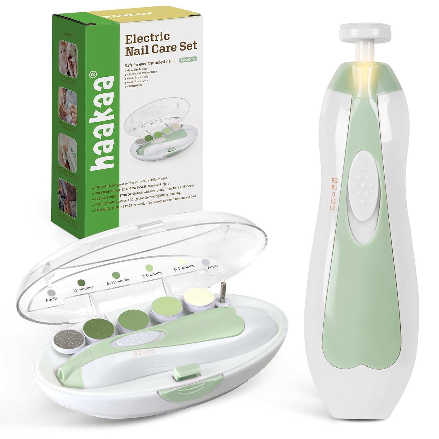 haakaa Baby Nail File Electric Baby Nail Care Set with LED Light, Baby Nail Clippers for Newborn/Infants/Adults Toenails and Fingernails, 6 Replacement Heads & Storage Case, Green | Electric Baby Nail Care Set with 6 Replacement Heads, Storage Case, Quiet Motor and Safety Control for the Whole Family