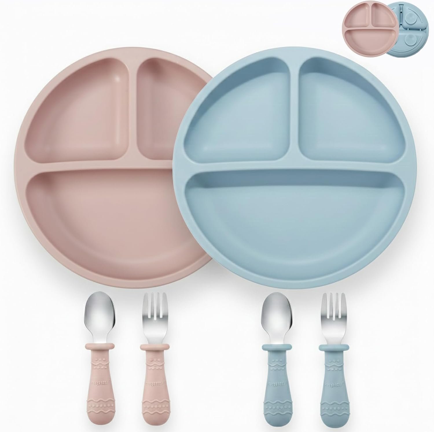 PandaEar Baby Feeding Set | 2 Pack Silicone Divided Suction Plate, 2 Set Toddler Spoons & Forks | Baby Led Weaning Supplies Self Feeding Eating Utensils | BPA-Free | Blue & Pink