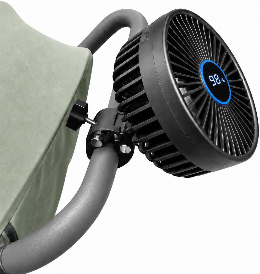 Stroller Fan for Parents with Locking Handlebar Clamp, Rechargeable No-Wobble Design, 3 Speeds (9H/5H/3H), Adjustable Angle for Effective Cooling