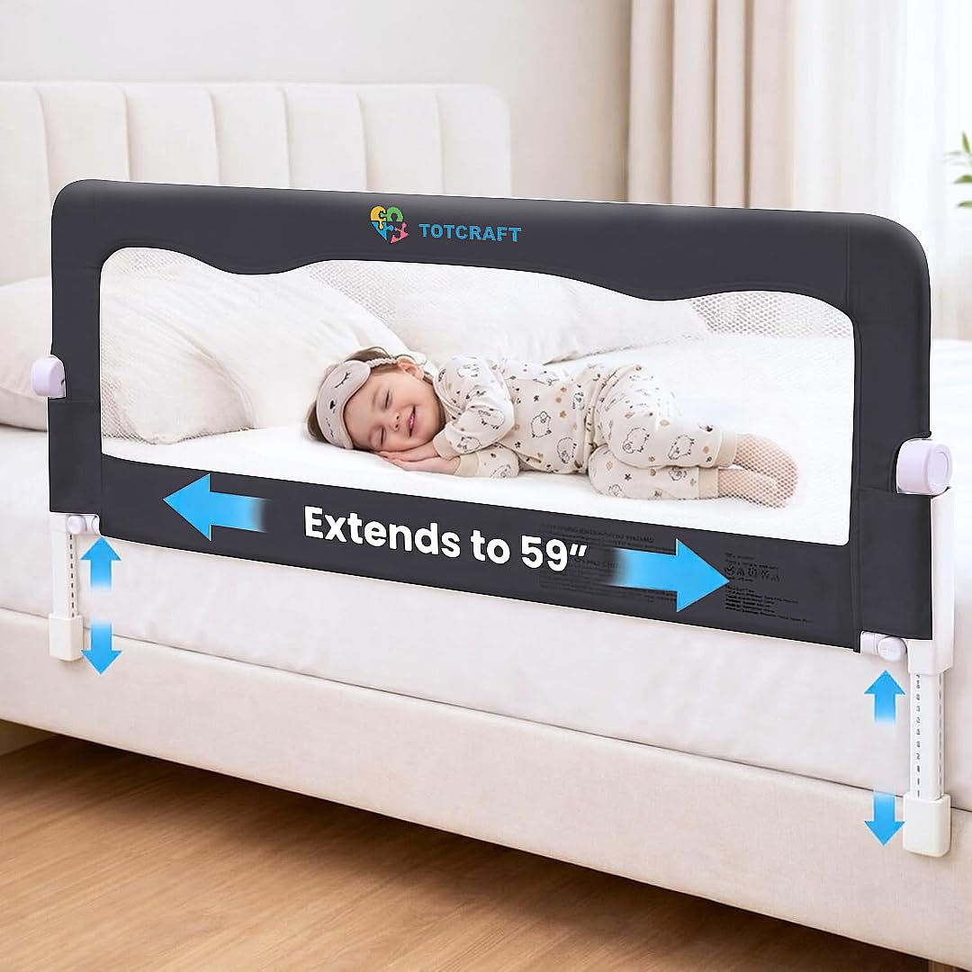 TotCraft Flexguard Adjustable Length & Height Bed Rail for Toddlers – Fits Twin, Full, Queen & King Beds – 35.5″ or 59″ Two Fixed Lengths – 14 Height Levels – ASTM Certified Bed Rail for Baby (Grey)