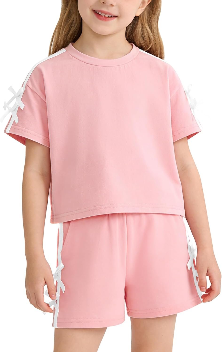 Toddler Girl Clothes Girls Summer Outfits 2 Pcs Clothing Set 3-8T | Cute Summer Outfits for Girls White Bows Short Sleeved Top+Shorts Set Little Girls Clothes, Toddler Clothes for Girls