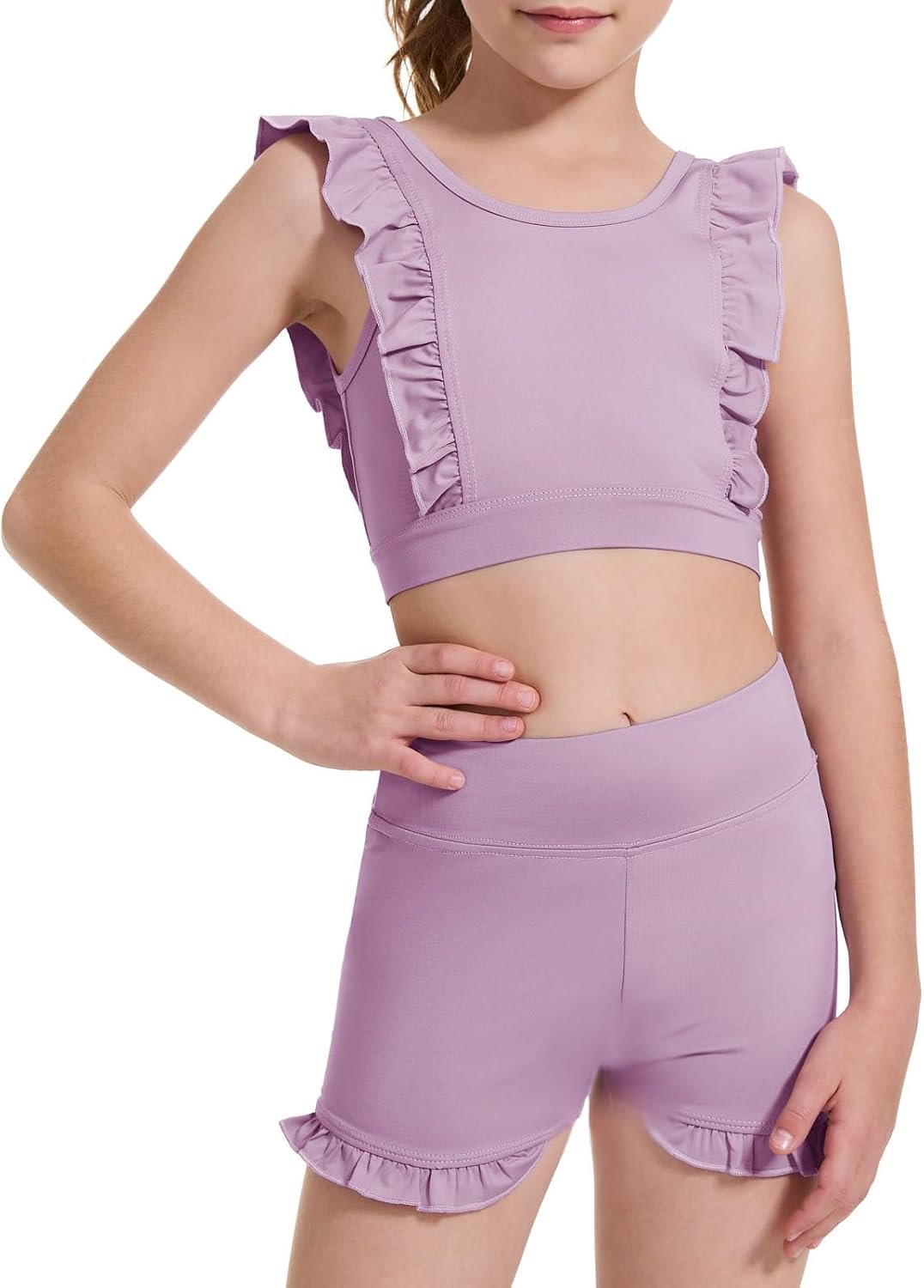 CharmWM Girls 2 Piece Athletic Sets Kids Sports Bra & Shorts Dance Outfits | Ruffle Short Sets 3-10 Years, Training Bra Crop Tank, High Waisted Dance Shorts