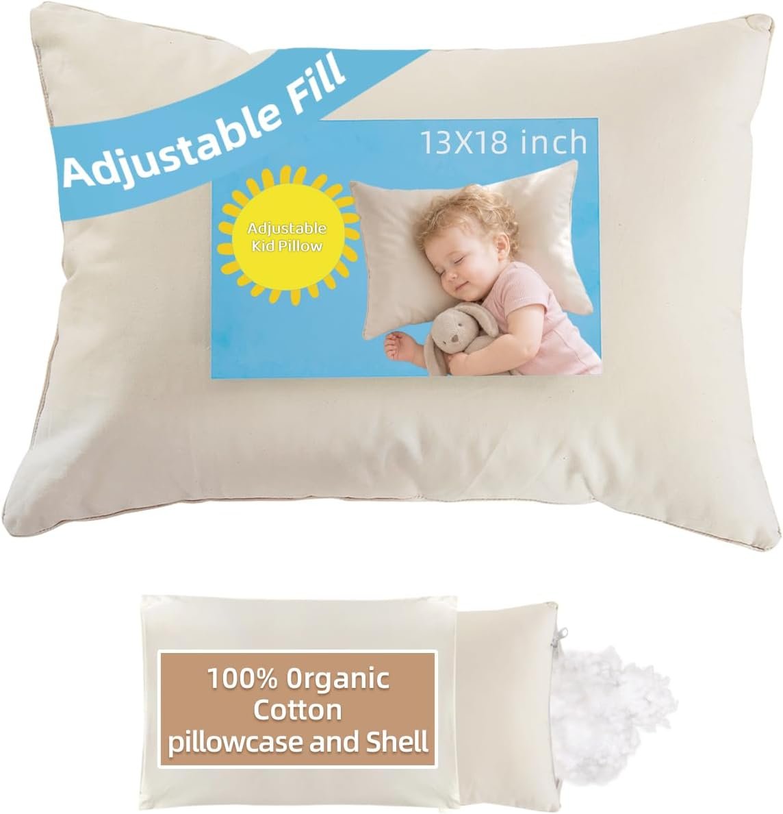 Adjustable Kids Pillow for Ages 2-4 with Organic Cotton Pillowcase | 13×18 Youth Pillow, CPSC and OEKO-TEX Certified, Hypoallergenic, Machine Washable, Bedroom, Preschool Nap, Travel