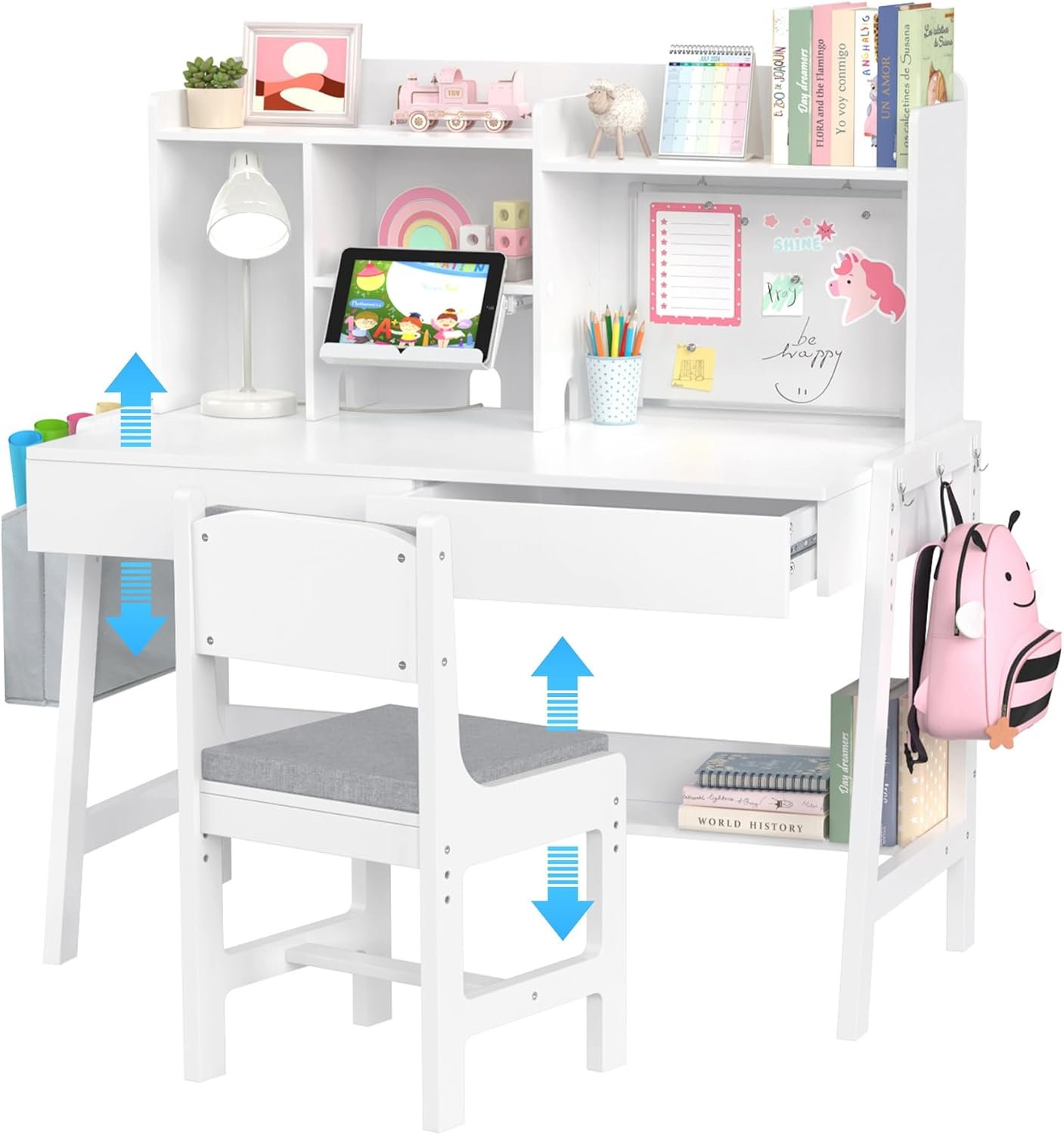 GDLF Kids Desk and Chair Set, Height Adjustable Kids Study Table, Ages 5-12 | Hutch, 2 drawers, book stand, whiteboard, lower shelf and side bag organize books and supplies; padded chair adds comfort