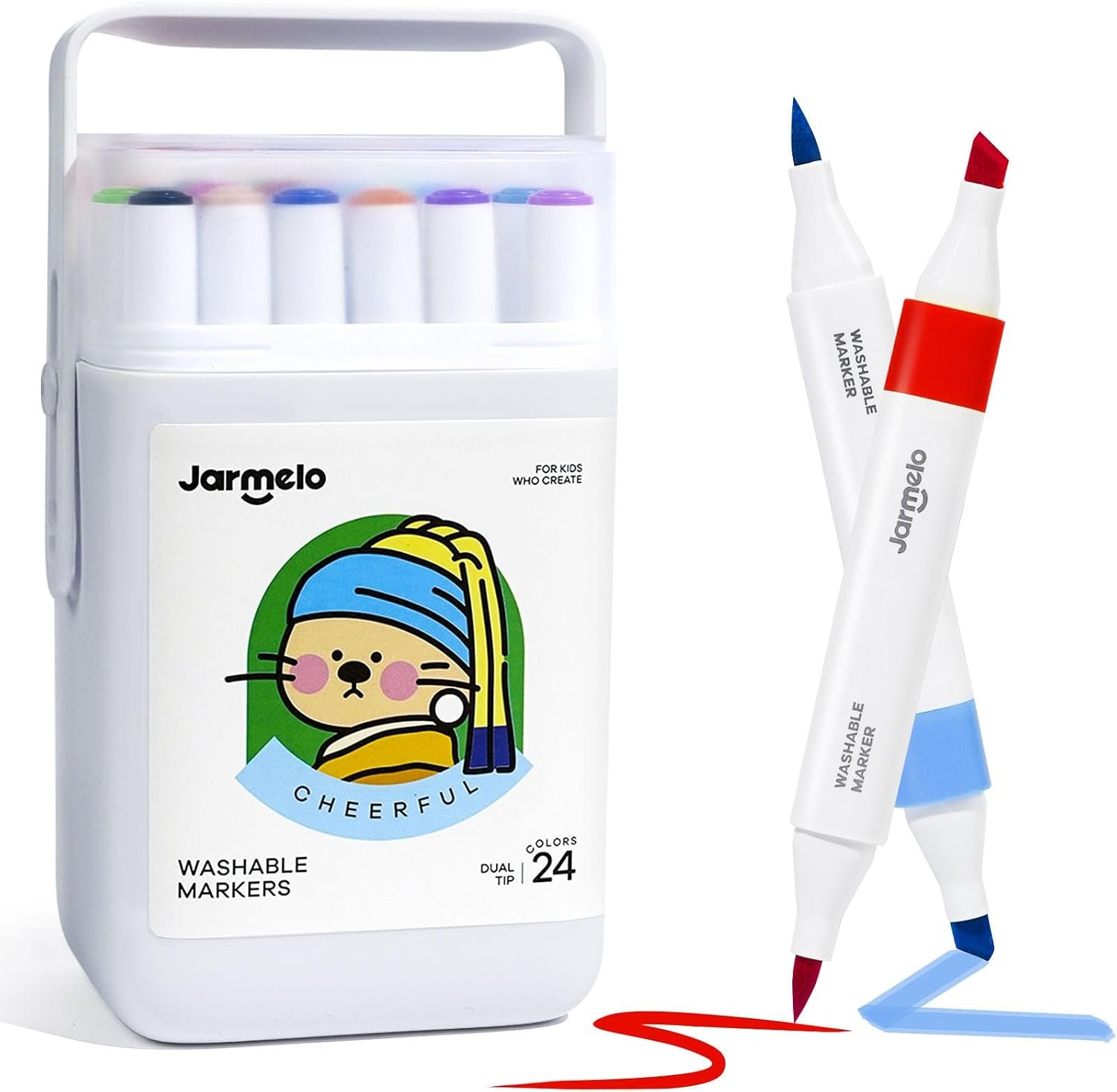 Jar Melo Washable Dual Tip Markers for Kids Ages 4-8, Brush & Chisel Tip, Water-Based Coloring Markers, Double-Tipped 24 Colors Marker Set with Storage Case, School Art Supplies for Boys & Girls