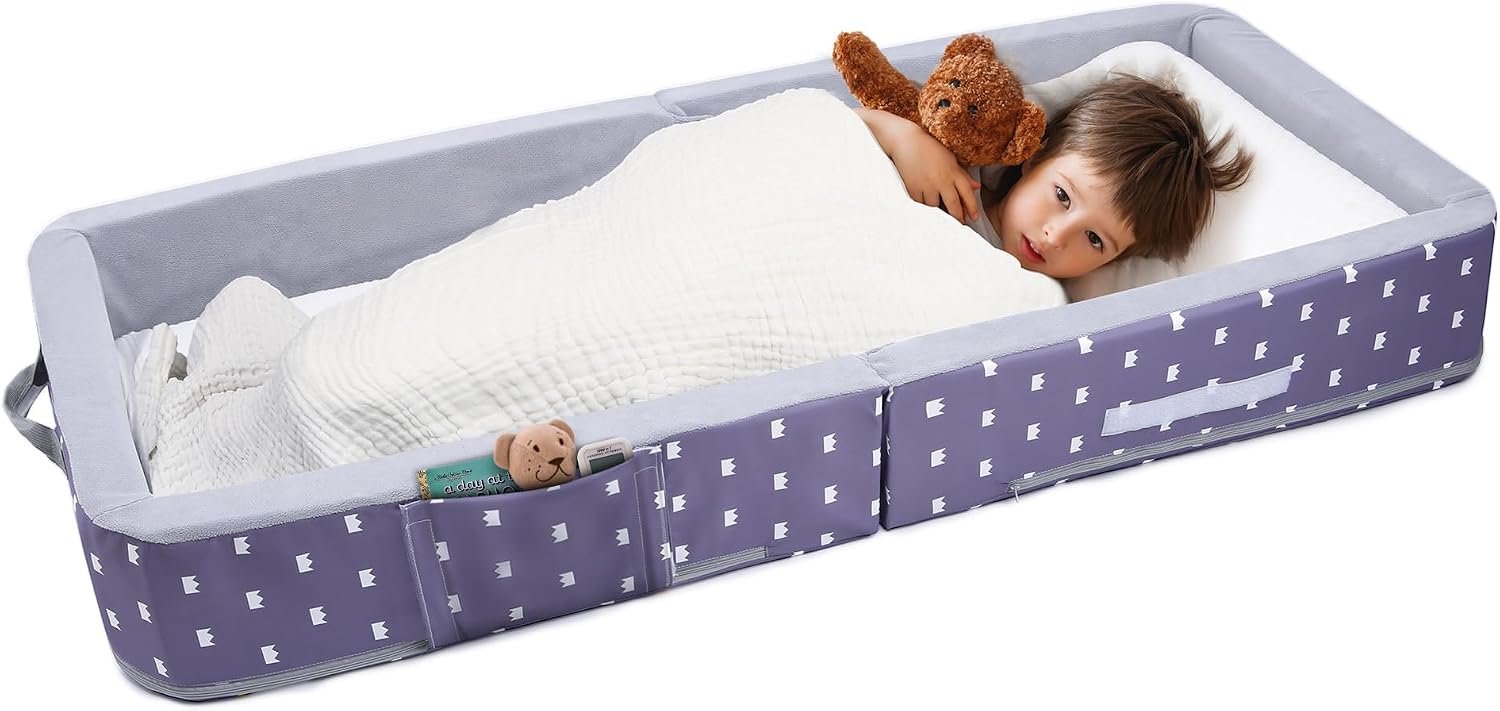 Foldable Toddler Floor Bed with Sides, Folding Toddler Bed for Travel Kid 18M – 5yr Old (Rectangular, Crown)