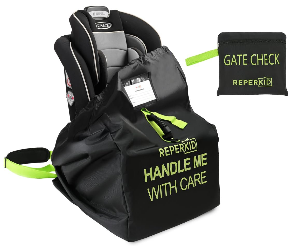 Car Seat Travel Bag for Airplane, Black and Green, 33″ H x 18″ W x 18″ D, Fits Most Convertible, Booster and Infant Car Seats – Premium Waterproof Cover, Adjustable Shoulder Strap | Roomy 33x18x18 in, fits most car seats, water-resistant polyester, padded backpack straps