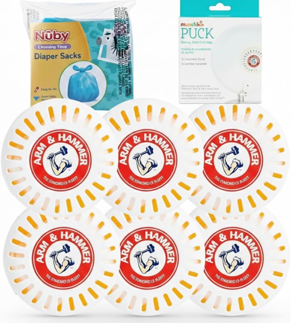 Odor Eliminator Cartridges, 6-Pack, Lavender Scent Baking Soda Pucks + Nuby Diaper Disposable Bags, 50 Count, Fresh Baby Scent – Diaper Pail Deodorizer & Odor management Bundle