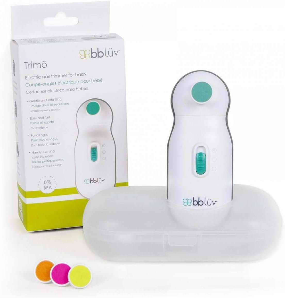 bblüv – Trimö – Baby Nail Trimmer Electric – Baby Nail File for Newborn and Toddler (0 to 12 Months+), Gentle and Quiet Fingernail and Toenail Clippers, Original Trimo Kit (Pack of 1) | Anti-Slip Grip, Whisper-Quiet Operation, Includes Carrying Case & 4 Filing Discs, Cuticle-Safe Design