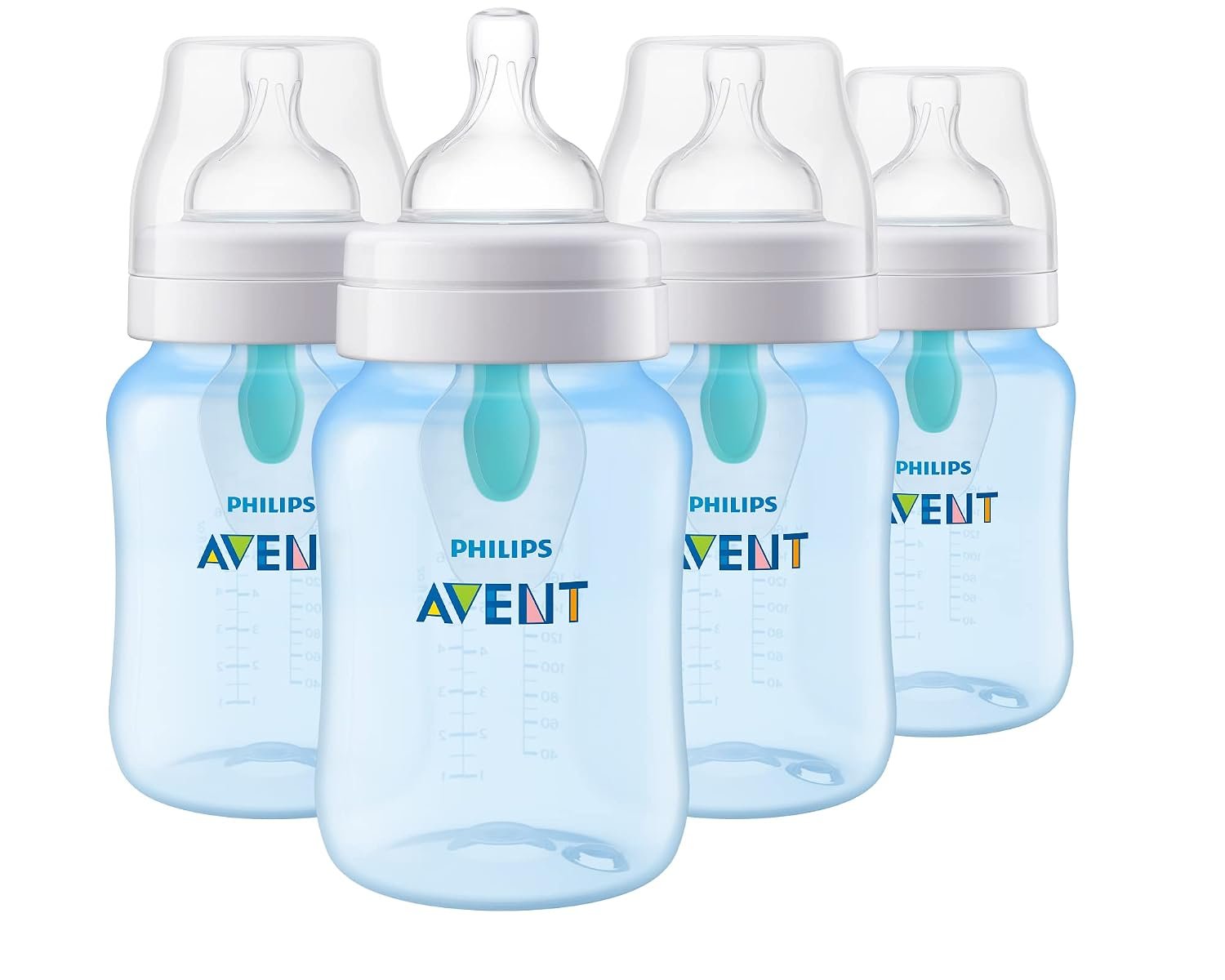Philips Avent Anti-Colic Baby Bottle with AirFree Vent, Medium Flow 2 Nipple, 1m+, 9oz, 4 Pack, Blue, SCY703/24