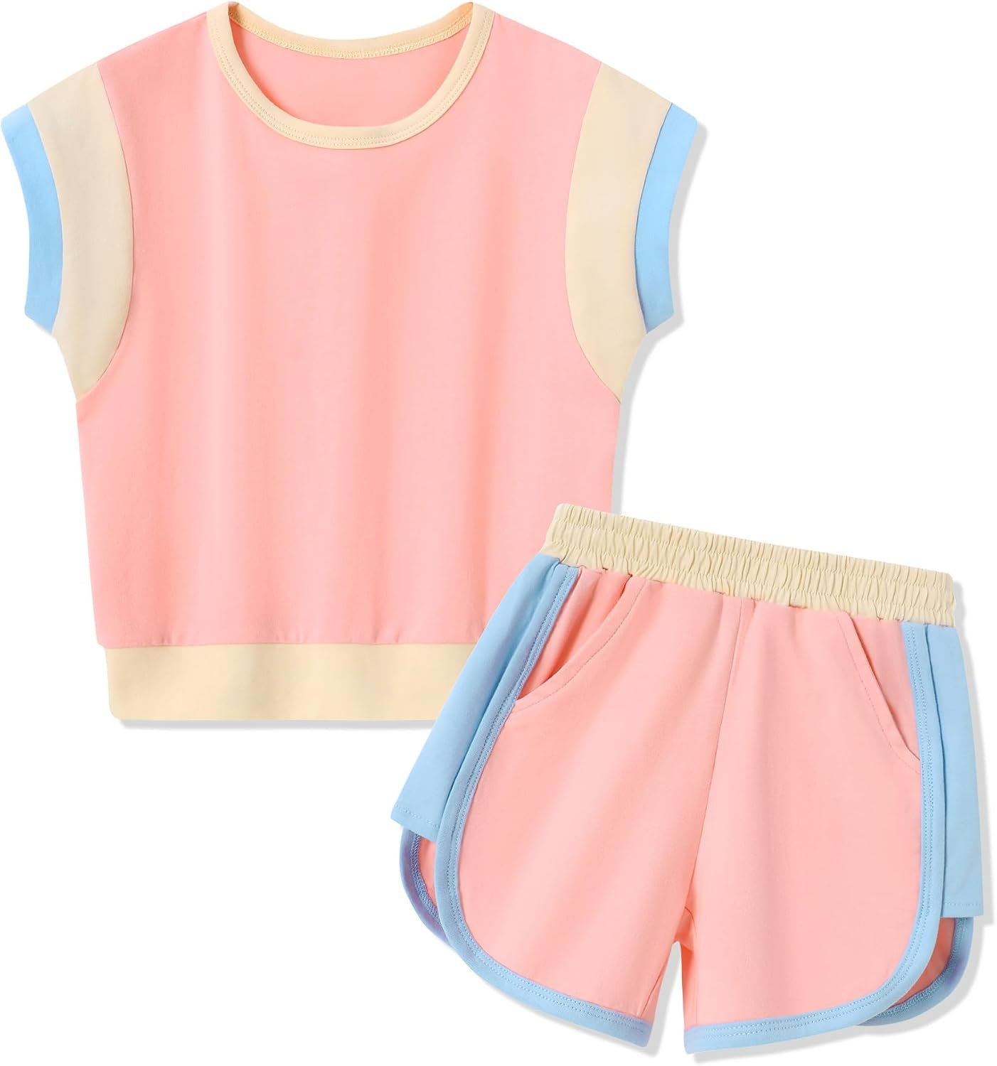 SANMIO Toddler Girl Clothes Summer Girls Outfits 2 Piece Clothing Set | Color Block Short Sleeve Tops and Shorts Toddler Sweatsuit Fashion Clothing Casual Sets
