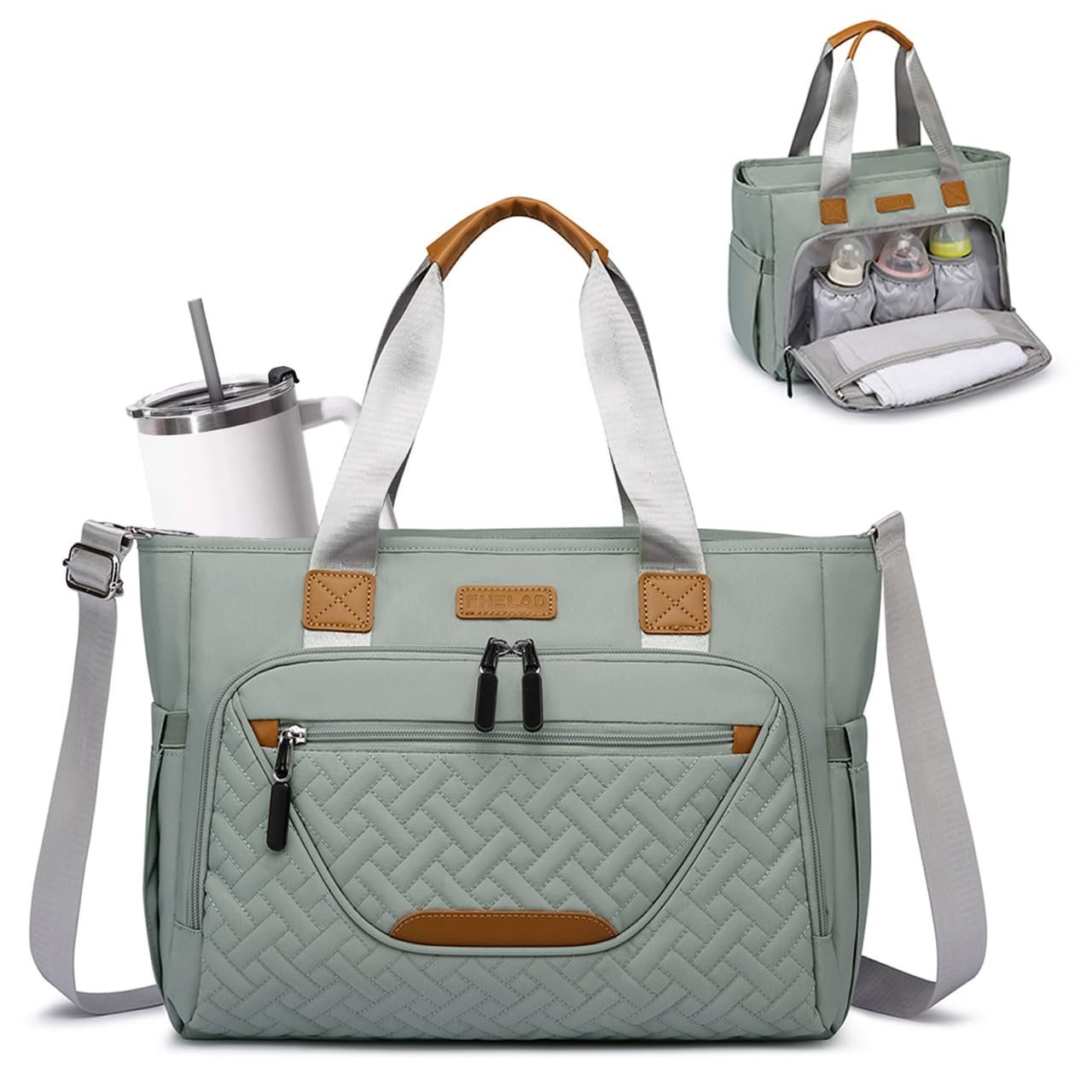 FHELAD Diaper Bag Tote for Women, Baby Diaper Bag with 15.6″ Laptop Pocket | 5 Insulated Pockets, Stroller Clip, 15.6 Inch Laptop Compartment, Detachable Shoulder Strap, Morandi Grey