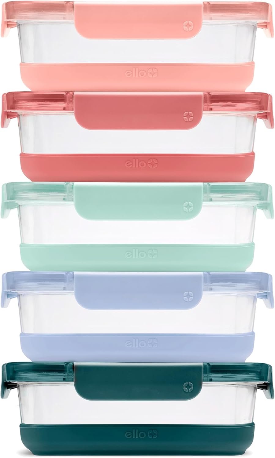 Ello Duraglass Refresh 3.4 Cup Meal Prep Containers, 10 Pc, Melon | Glass meal prep container set with silicone boots, airtight leakproof BPA-free lids, microwave, freezer & dishwasher safe