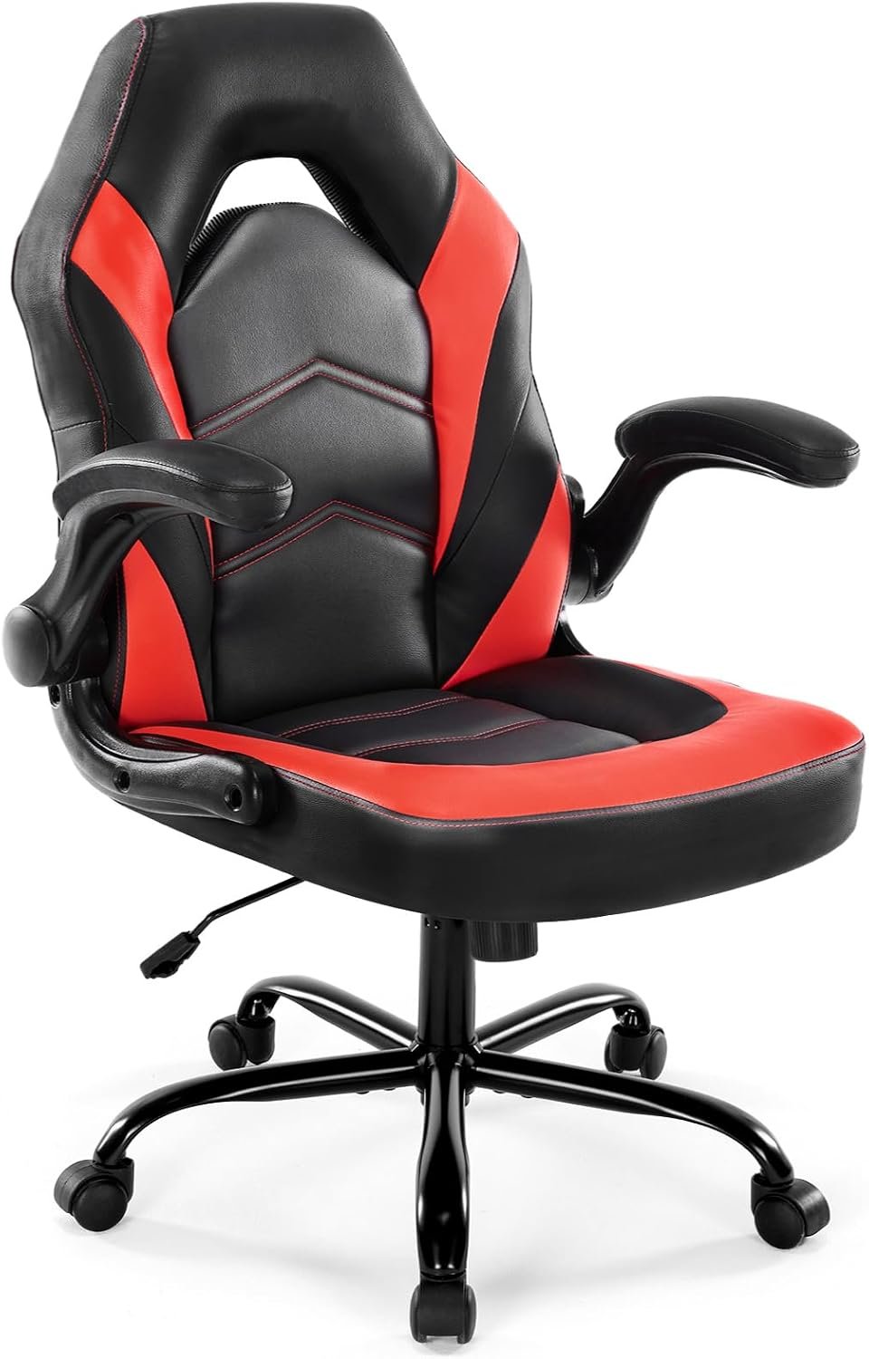 DUMOS Video Game Chair, Ergonomic Computer Desk Chair, Lumbar Support | Flip-Up Armrest Height Adjustable, PU Leather Swivel Wheels for Kids Adults, Scarlet Red